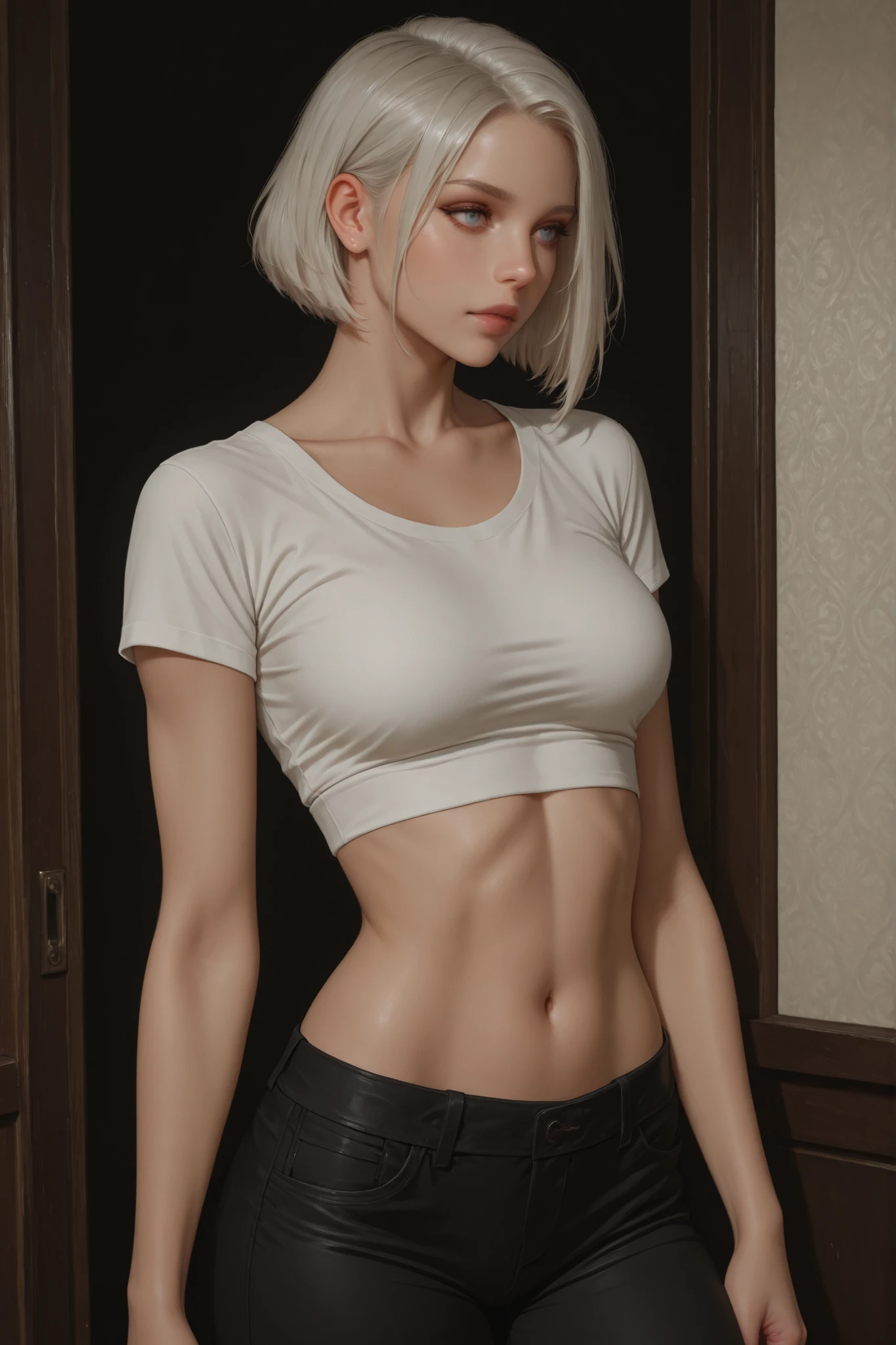 SherryRE, 1girl, solo, short hair, hairband, jewelry, l, midriff, breasts, realistic, blonde hair, blue eyes, huge tits nude , lips, black background, simple background, crop top, white hair, serafuku, red hairband, looking at viewer, nude breasts
