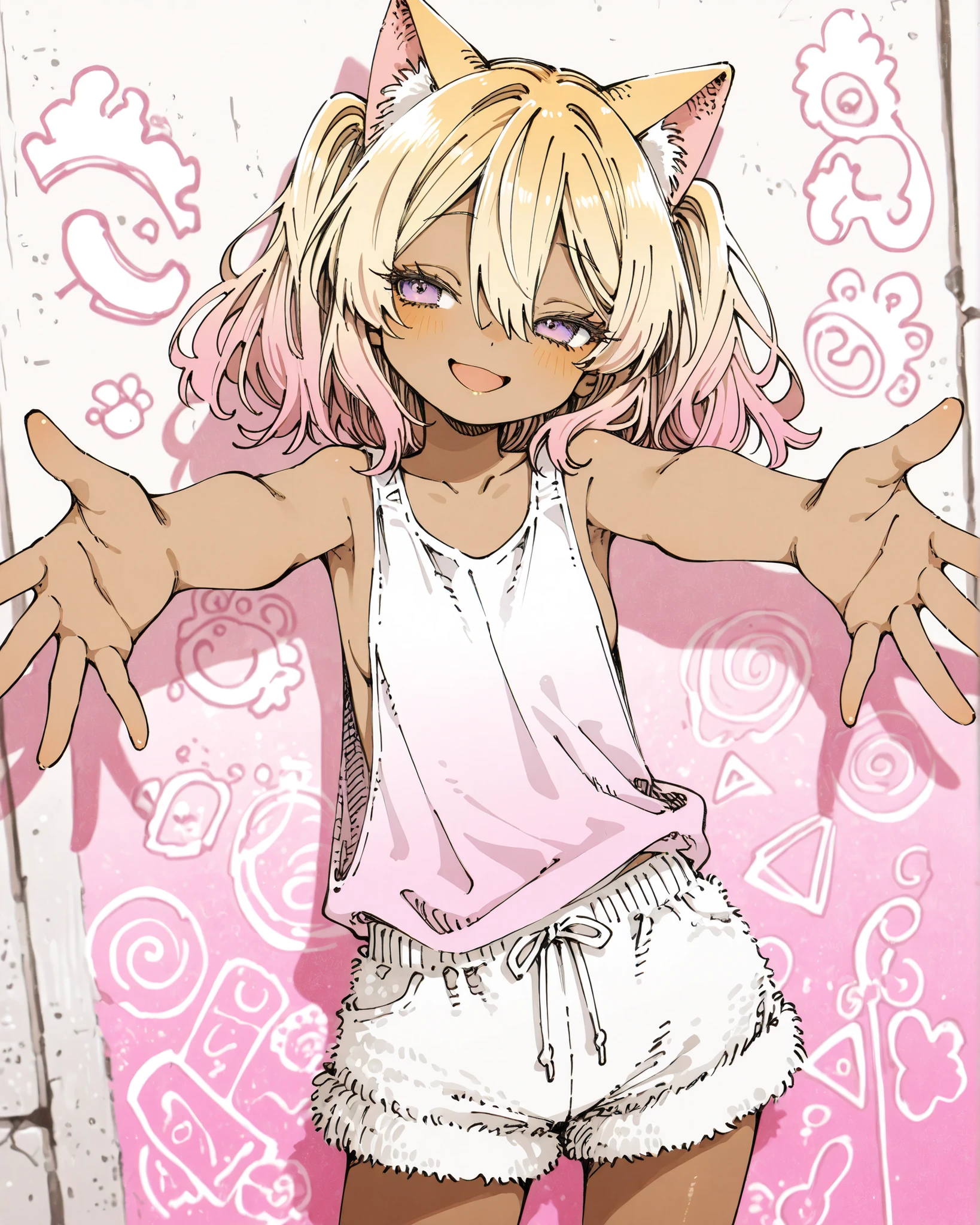 ((Abara Heiki Style)), ((Masterpiece)), ((best quality, amazing quality)), ((very aesthetic, absurdres, newest)), ((detailed background, negative space, blurry background, depth of field)), (dynamic angle), ((1girl)), Cute young Girl, ((beautiful brown skin)), (Healthy Gaunt body, Textured skin, small , tilt head), (pale purple eyes, gradient eyes, averting eyes, looking at side), ( smile, :d), Beautiful collarbone, (put on cat ears), (Asymmetrical long bangs), unruly hair, medium hair, ((beautiful blond hair, gradient hair, pink color Hair Tip)), (cute cheeks), glossy lips, pouty lips, (lower eyelashes), BREAK, (fancy tanktop, sheer tanktop, sharp low-cut armhole, slightly exposed sideboob), (fur shorts, fuzzy shorts, foamy shorts), leaning back, (incoming hug, outstretched arms), (loose standing against the geometrical patterned wall, gradient painting, indoor), aged wall, drop shadow,