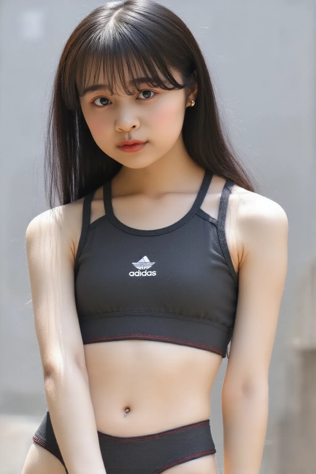 Young Elementary school student Black hair Short pigtails Flat chest Gym clothes No panties Nipples Smiling Small ass BUKKAKE