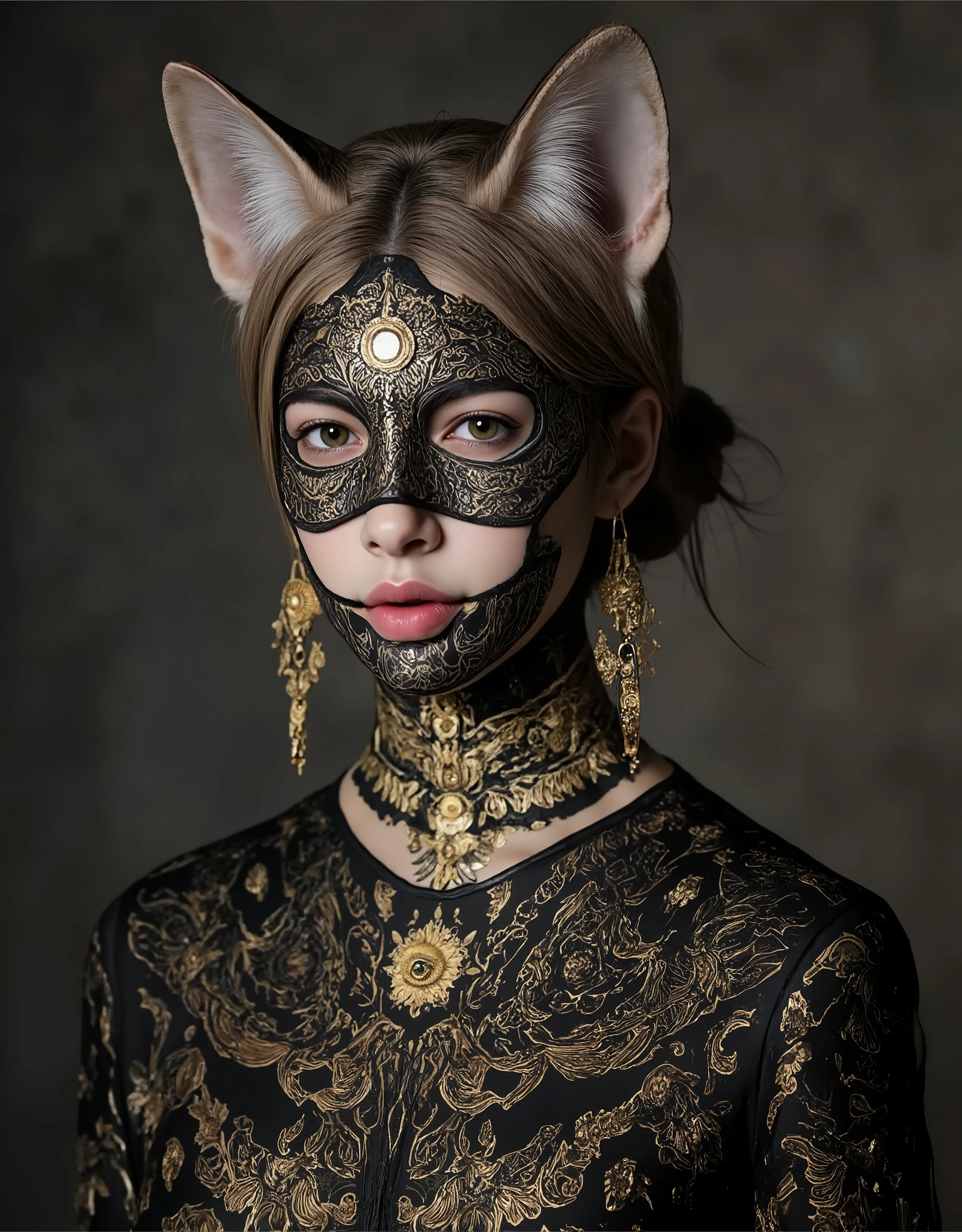 A surreal and mesmerizing portrait of a humanoid feline figure with mesmerizing charm, piercing yellow-green eyes. The face is decorated with intricate, the intricate patterns resemble tribal tattoos and filigree, blends metallic gold and black. The figure wearing elaborate masks that extend to skin, are perfectly integrated with the detailed engraving and circle, gold embellishments in the center of the forehead, reminiscent of artifacts ancient or third eye. His cat's ears are covered in soft fur, blends perfectly with the overall mystical design. Character jewelry includes falling gold earrings with fine detail, perfectly match the length, kuku berhias emas. His clothes are an intricate mix of black and gold, decorated with luminous and flowing accents, pola rumit. The lighting is soft but dramatic, highlight every detail, berlatar belakang, textured backgrounds that enhance the mysterious aura.