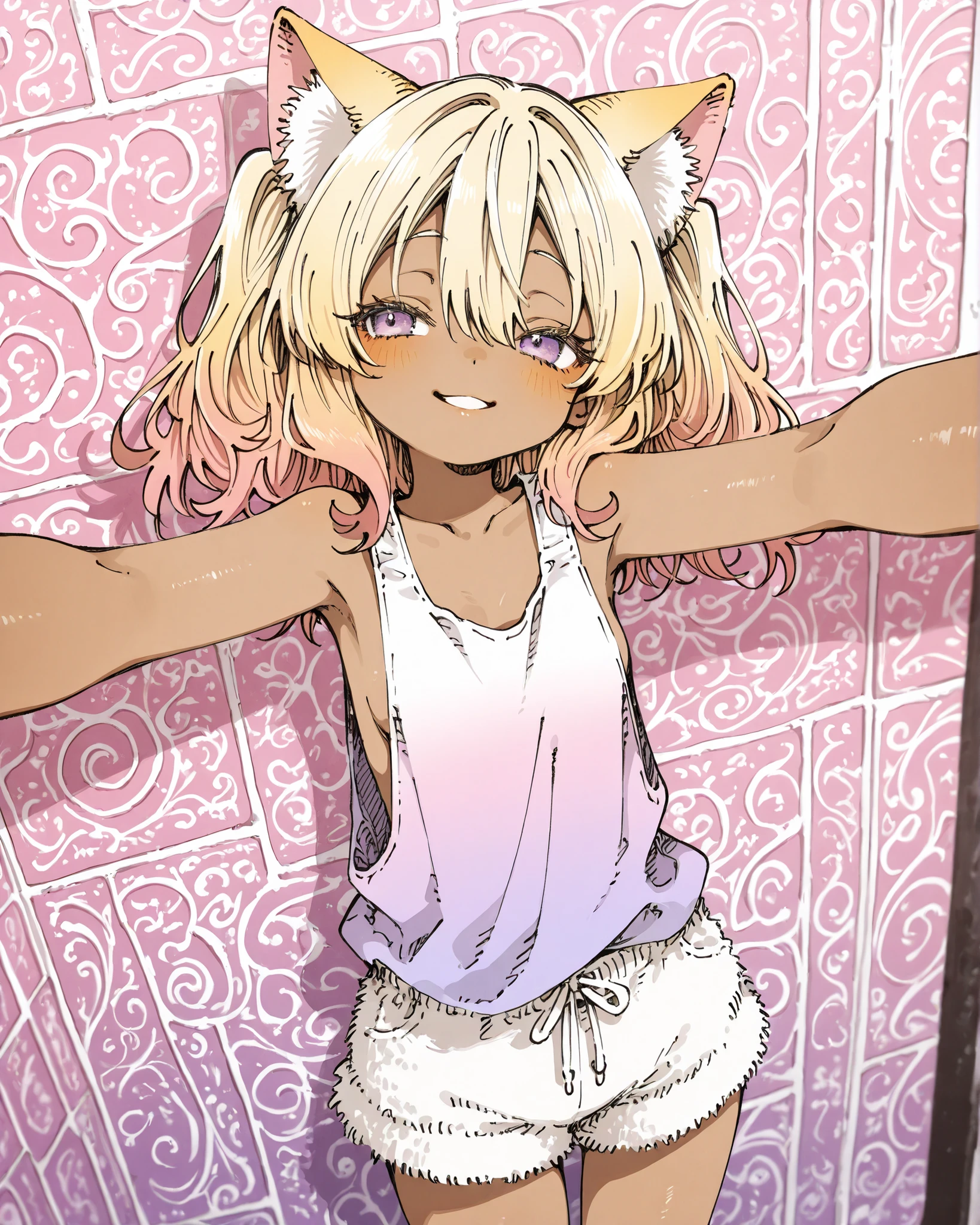 ((Abara Heiki Style)), ((Masterpiece)), ((best quality, amazing quality)), ((very aesthetic, absurdres, newest)), ((detailed background, negative space, blurry background, depth of field)), (dynamic angle), ((1girl)), Cute young Girl, ((beautiful brown skin)), (Healthy Gaunt body, Textured skin, small , tilt head), (pale purple eyes, gradient eyes, averting eyes, looking at side), ( smile, :d), Beautiful collarbone, (put on cat ears), (Asymmetrical long bangs), unruly hair, medium hair, ((beautiful blond hair, gradient hair, pink color Hair Tip)), (cute cheeks), glossy lips, pouty lips, (lower eyelashes), BREAK, (fancy tanktop, sheer tanktop, sharp low-cut armhole, slightly exposed sideboob), (fur shorts, fuzzy shorts, foamy shorts), leaning back, (incoming kissing, outstretched arms), (loose standing against the geometrical patterned wall, gradient painting, indoor), aged wall, drop shadow,