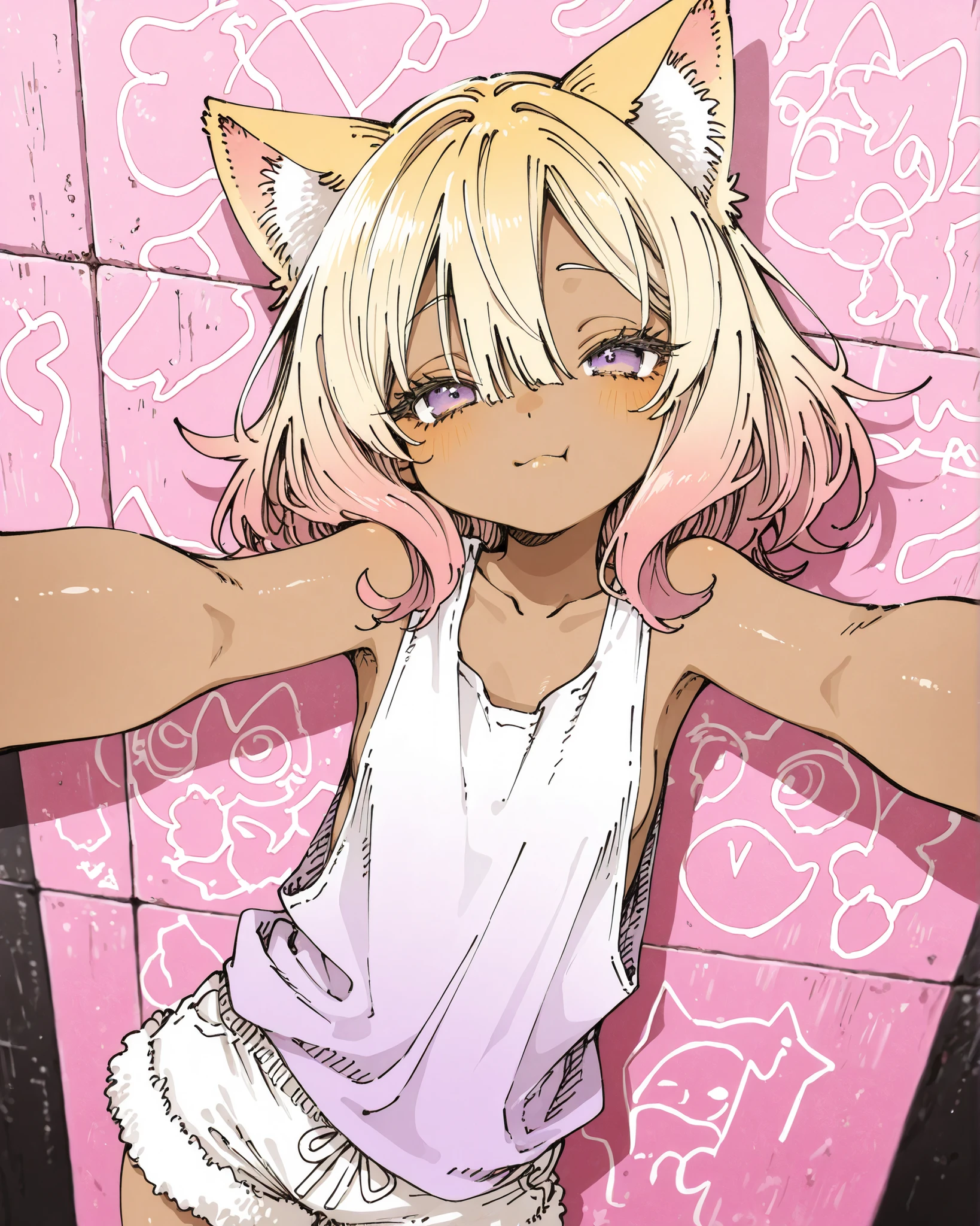 ((Abara Heiki Style)), ((Masterpiece)), ((best quality, amazing quality)), ((very aesthetic, absurdres, newest)), ((detailed background, negative space, blurry background, depth of field)), (dynamic angle), ((1girl)), Cute young Girl, ((beautiful brown skin)), (Healthy Gaunt body, Textured skin, small , tilt head), (pale purple eyes, gradient eyes, averting eyes, looking at side), ( smile, pout, kissing mouth), Beautiful collarbone, (put on cat ears), (Asymmetrical long bangs), unruly hair, medium hair, ((beautiful blond hair, gradient hair, pink color Hair Tip)), (cute cheeks), glossy lips, pouty lips, (lower eyelashes), BREAK, (fancy tanktop, sheer tanktop, sharp low-cut armhole, slightly exposed sideboob), (fur shorts, fuzzy shorts, foamy shorts), leaning back, (incoming kissing, outstretched arms), (loose standing against the geometrical patterned wall, gradient painting, indoor), aged wall, drop shadow,