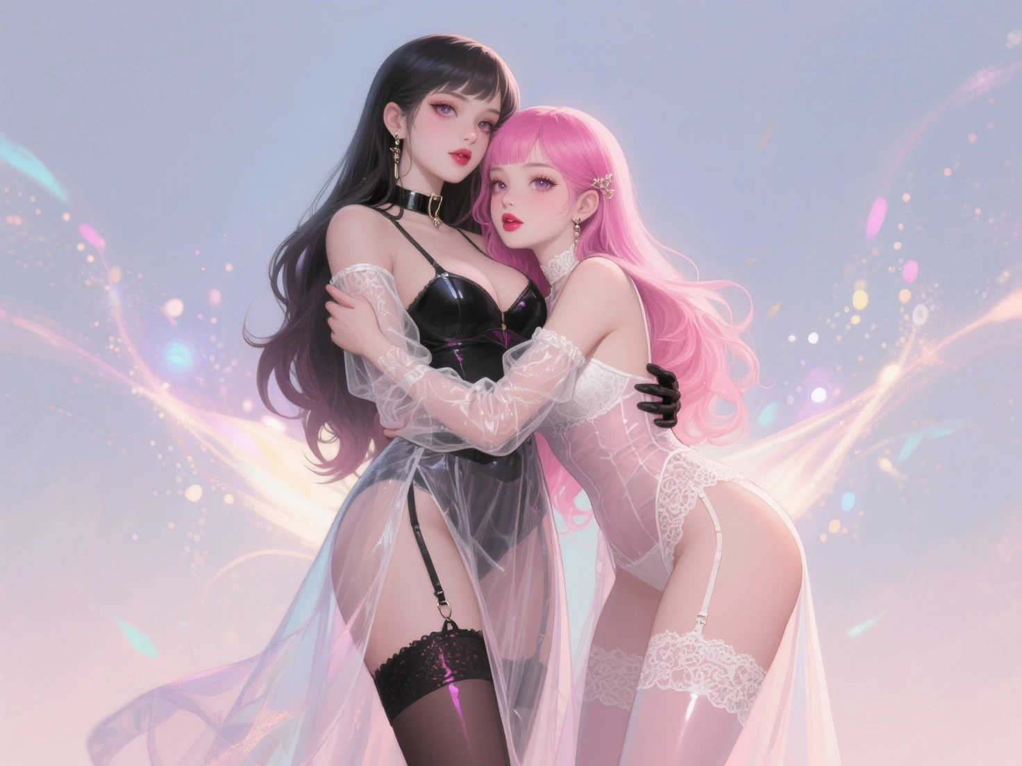 Best quality,Amazing,Masterpiece,Delicate,超高分辨率,Ultra detailed,intricately details,Beautiful detailed,8K resolution,(Extremely detailed Cg Unity 8K wallpaper),Sharp focus,((No text)),breast conscious,Huge bare breasts,Areola bareness,Bare breasts explode,Lively bare breasts,Bare breasts,Tulle tulle underwear High transparency and transparency，，Tongue stock,Makeup,cheerfulness,Reflectors,ahegao,Pink eyes,Heart earrings,2girls,Female pervert,view the viewer,hair flower,Long hair,multicolored hair,Shiny hair,Barefoot,Bottomless,Thick thighs,Bare legs,Look at each other from the front、((Feminine kiss))、(((French kiss for women)))、Women hugging each other，As if pushing each other、Staring at each other、Moist eyes、half-open lips、Beautiful、Red blush(0.2)、Functional、seductiv、Trance、instigate、Beauty、bustup、Shunguang、、Shoot diagonally down from the front、precise drawing、Detailed drawing、Precise anatomy、