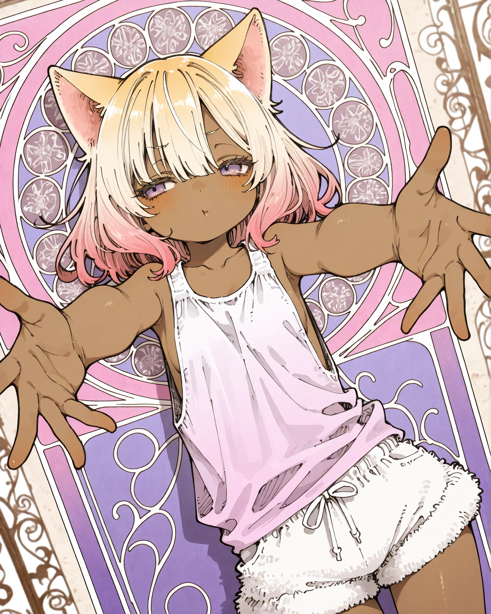 ((Abara Heiki Style)), ((Masterpiece)), ((best quality, amazing quality)), ((very aesthetic, absurdres, newest)), ((detailed background, negative space, blurry background, Art Nouveau background)), (dynamic angle), ((1girl)), Cute young Girl, ((beautiful brown skin)), (Healthy Gaunt body, Textured skin, small , tilt head), (pale purple eyes, gradient eyes, averting eyes, looking at side), (fidgeting, pout, puckered lips), Beautiful collarbone, (put on cat ears), (Asymmetrical long bangs), unruly hair, medium hair, ((beautiful blond hair, gradient hair, pink color Hair Tip)), (cute cheeks), glossy lips, pouty lips, (lower eyelashes), BREAK, (fancy tanktop, sheer tanktop, low-cut armhole, slightly exposed sideboob), arms, (fur shorts, fuzzy shorts, foamy shorts), leaning back, (incoming hug, outstretched arms), (loose standing against the geometrical patterned wall, gradient painting, indoor), aged wall, velvet satin damask, drop shadow,