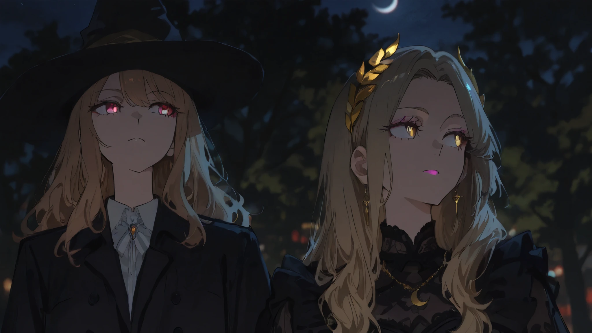 highly detailed anime illustration, clean anime lines, crisp cel shading, soft gradients, expressive but natural anime eyes, elegant anime proportions, vibrant yet subtle colors, natural anime style  
Two women standing side by side at night, gothic atmosphere.  
Left woman: shoulder-length wavy blonde hair, wide black witch hat, black coat with white shirt collar visible, serious expression, elegant design, soft pink lipstick.  
Right woman: long light brown hair with loose waves, golden laurel headband accessory, delicate natural makeup, black lace dress, necklace with crescent moon and star pendant, looking slightly to the side with a mysterious but calm expression.  
Background: dark night sky, soft blurred lights, cinematic but drawn as anime, Nova Anime XL aesthetic, masterpiece, detailed anime shading, subtle colors, beautiful anime illustration