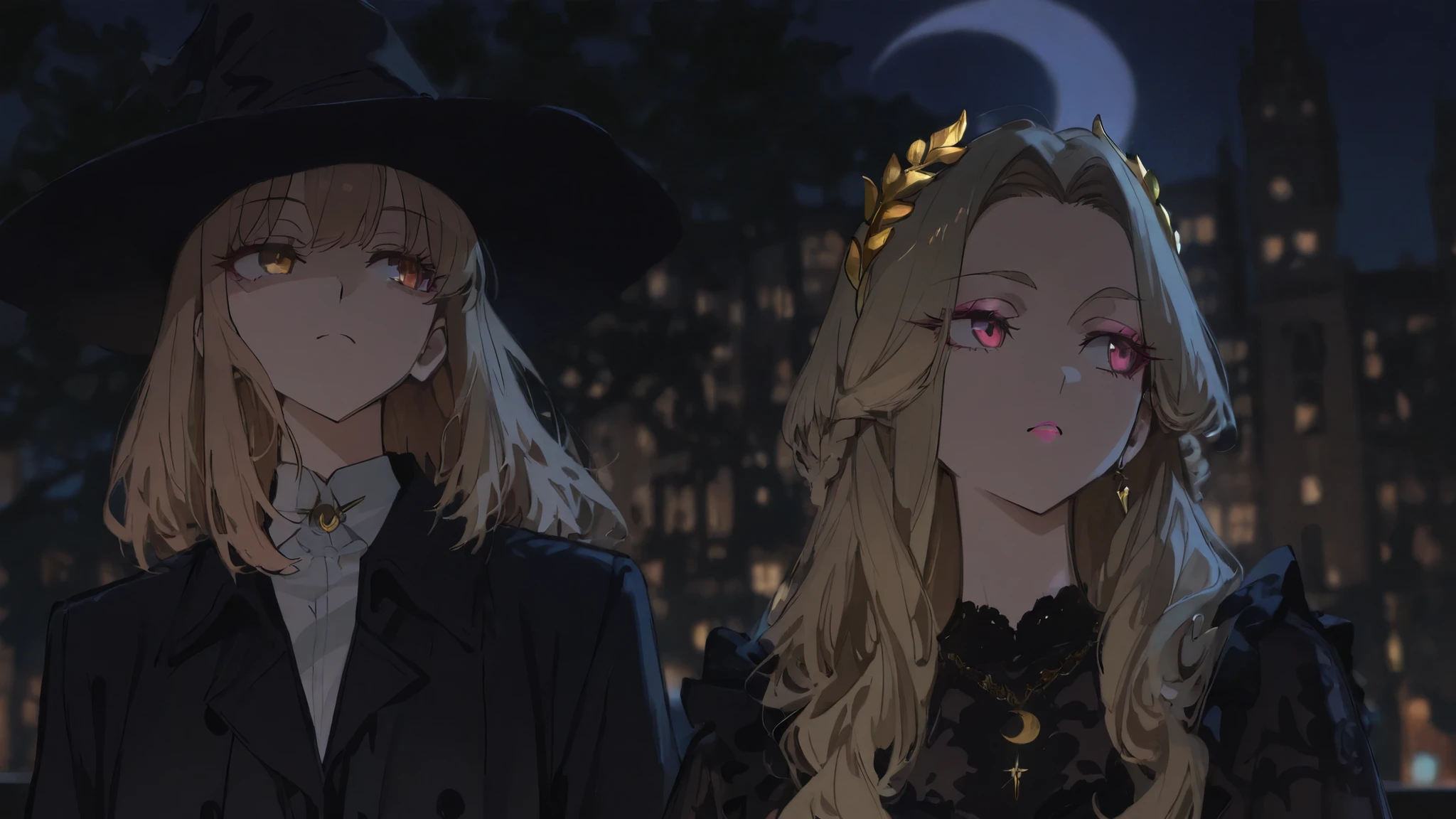 highly detailed anime illustration, clean anime lines, crisp cel shading, soft gradients, expressive but natural anime eyes, elegant anime proportions, vibrant yet subtle colors, natural anime style
Two women standing side by side at night, gothic atmosphere.
Left woman: shoulder-length wavy blonde hair, wide black witch hat, black coat with white shirt collar visible, serious expression, elegant design, soft pink lipstick.
Right woman: long light brown hair with loose waves, golden laurel headband accessory, delicate natural makeup, black lace dress, necklace with crescent moon and star pendant, looking slightly to the side with a mysterious but calm expression.
Background: dark night sky, soft blurred lights, cinematic but drawn as anime, Nova Anime XL aesthetic, masterpiece, detailed anime shading, subtle colors, beautiful anime illustration