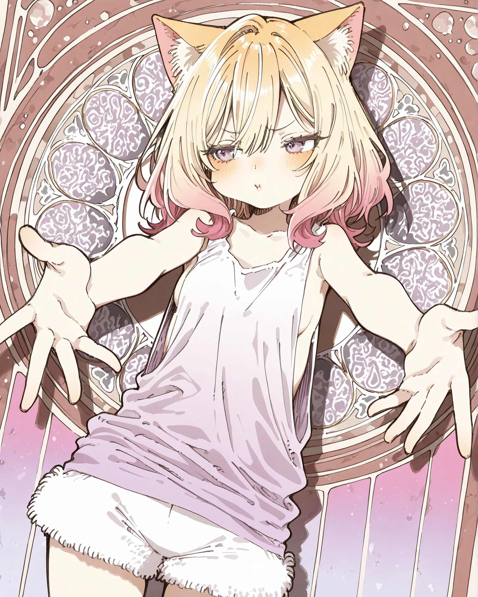 ((Abara Heiki Style)), ((Masterpiece)), ((best quality, amazing quality)), ((very aesthetic, absurdres, newest)), ((detailed background, negative space, blurry background, Art Nouveau background)), (dynamic angle), ((1girl)), Cute young Girl, (Healthy Gaunt body, Textured skin, small , tilt head), (pale purple eyes, gradient eyes, averting eyes, looking at side), (fidgeting, pout, puckered lips), Beautiful collarbone, (put on cat ears), (Asymmetrical long bangs), unruly hair, medium hair, ((beautiful blond hair, gradient hair, pink color Hair Tip)), (cute cheeks), glossy lips, pouty lips, (lower eyelashes), BREAK, (fancy tanktop, sheer tanktop, low-cut armhole, slightly exposed sideboob), arms, (fur shorts, fuzzy shorts, foamy shorts), leaning back, (incoming hug, outstretched arms), (loose standing against the geometrical patterned wall, gradient painting, indoor), aged wall, velvet satin damask, drop shadow,
