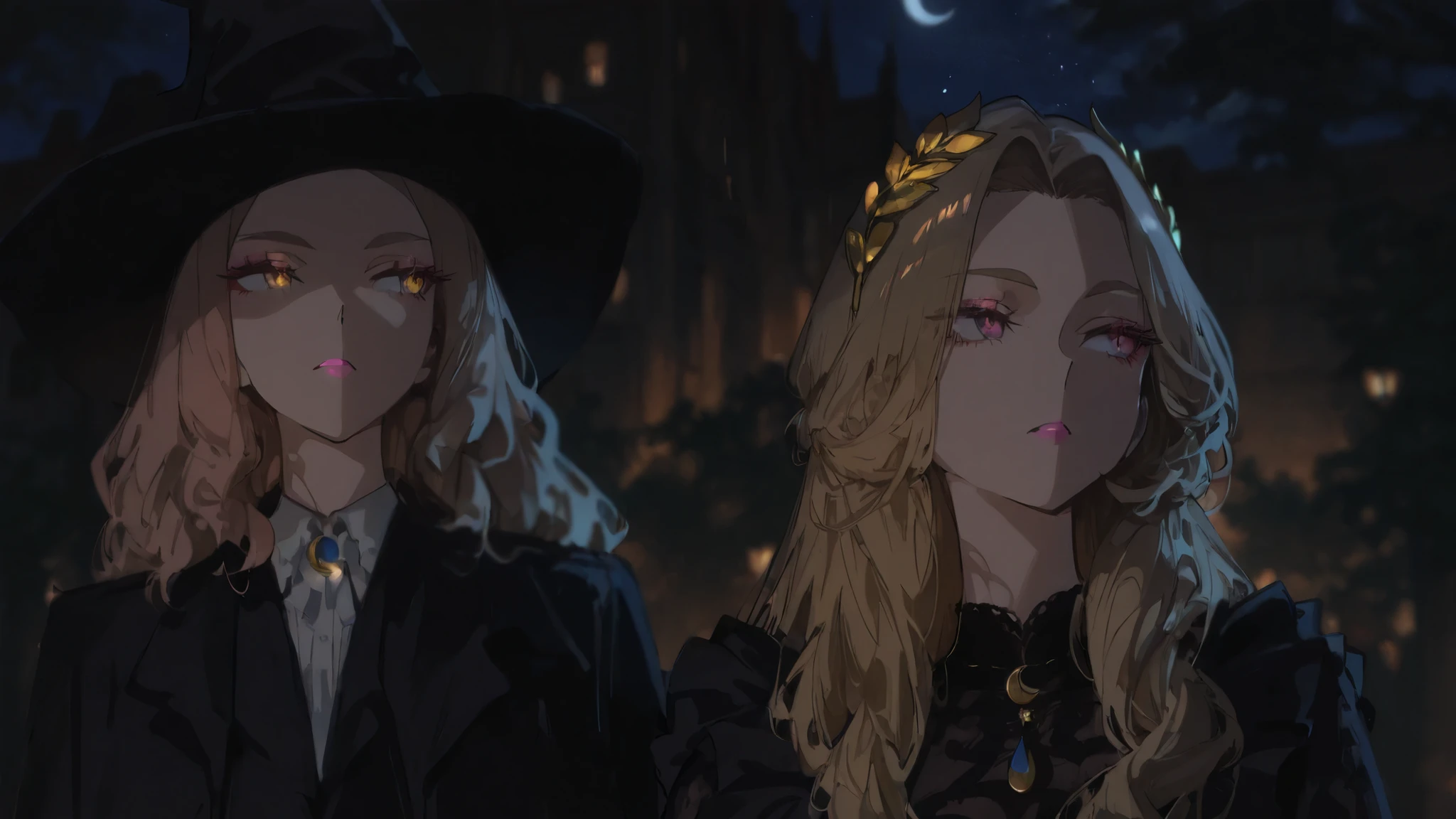 highly detailed anime illustration, clean anime lines, crisp cel shading, soft gradients, expressive but natural anime eyes, elegant anime proportions, vibrant yet subtle colors, natural anime style  
Two women standing side by side at night, gothic atmosphere.  
Left woman: shoulder-length wavy blonde hair, wide black witch hat, black coat with white shirt collar visible, serious expression, elegant design, soft pink lipstick.  
Right woman: long light brown hair with loose waves, golden laurel headband accessory, delicate natural makeup, black lace dress, necklace with crescent moon and star pendant, looking slightly to the side with a mysterious but calm expression.  
Background: dark night sky, soft blurred lights, cinematic but drawn as anime, Nova Anime XL aesthetic, masterpiece, detailed anime shading, subtle colors, beautiful anime illustration