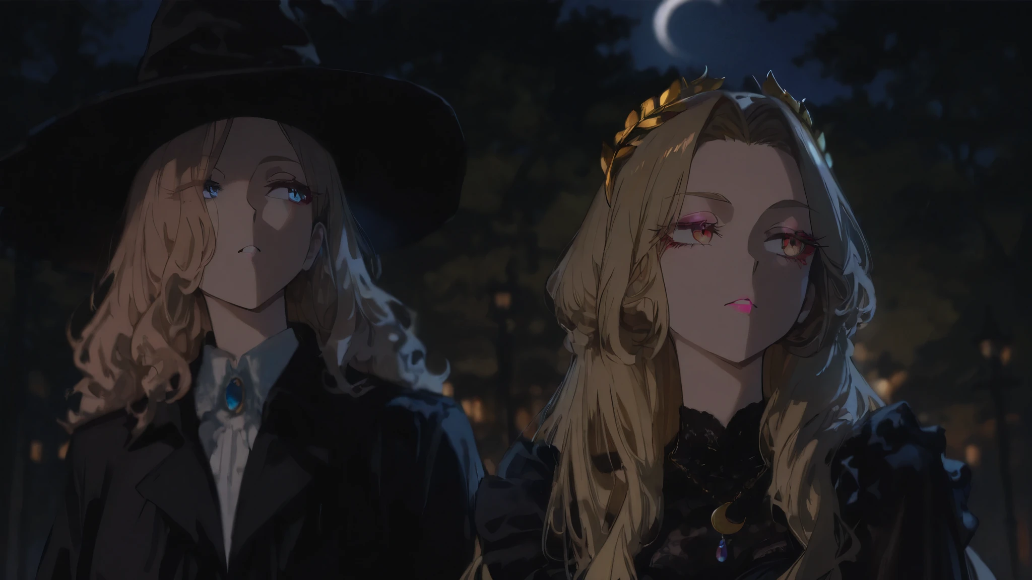 highly detailed anime illustration, clean anime lines, crisp cel shading, soft gradients, expressive but natural anime eyes, elegant anime proportions, vibrant yet subtle colors, natural anime style
Two women standing side by side at night, gothic atmosphere.
Left woman: shoulder-length wavy blonde hair, wide black witch hat, black coat with white shirt collar visible, serious expression, elegant design, soft pink lipstick.
Right woman: long light brown hair with loose waves, golden laurel headband accessory, delicate natural makeup, black lace dress, necklace with crescent moon and star pendant, looking slightly to the side with a mysterious but calm expression.
Background: dark night sky, soft blurred lights, cinematic but drawn as anime, Nova Anime XL aesthetic, masterpiece, detailed anime shading, subtle colors, beautiful anime illustration