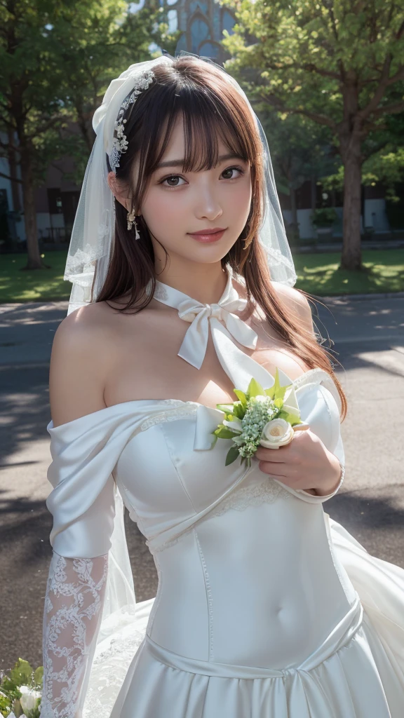 look up, 8K, masterpiece, Most detailed, Highest quality,, create a sense of fit, Cute Girls,Side Tail, (Wet),Sun light,((wedding)),pubic hair,Veil,(((bride))),((show off)),(ふっくらとしたNipples),Ecstatic expression,Outdoor,White lace,Nipples,Ample breasts,Saggy breasts,Hime cut,One female,Stick your butt out,Front lighting,hard core,
