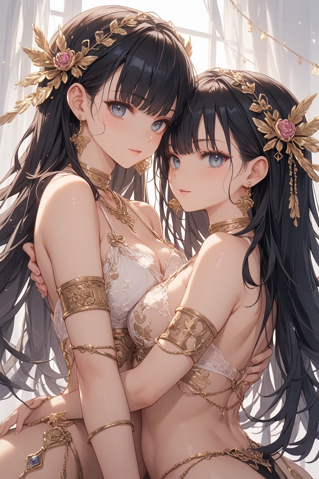 ((highest quality)),(ultra high resolution),(Super detailed),(detailed description),((best CG)),(best work of art),super precision art,amazing drawing art,(Fantasy art with precise details:1.5), (Two women staring at each other:1.8),(A detailed and detailed dress:1.7), waltz