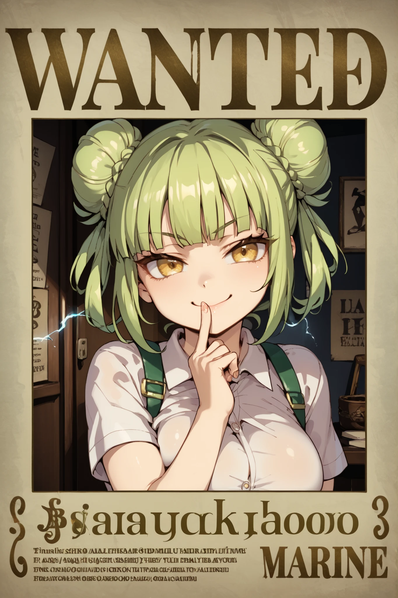 Source_anime, cute female, fishine style, 1girl, solo BREAK
Large breasts, green hair BREAK short hair, double bun, (bun cover), yellow eyes BREAK
White shirt, short sleeves, green suspenders, upper body BREAK
Looking at viewer, smug smile, closed mouth, finger to mouth, electricity on finger
wanted, poster, character name, cover, english text, THUNDER TERROR