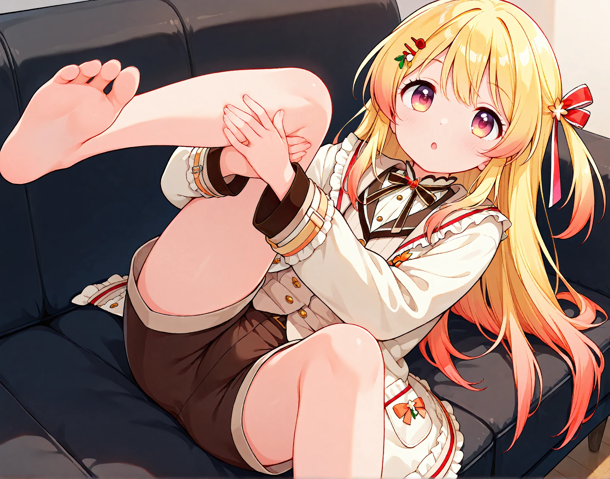 masutepiece、kawaii、high-level image quality、hiquality、realisticlying、女の子 1 人、stright long hair、Chestnut hair、Shimashima Bikini、red eyes、radiant eyes、Tacky、Pulling the thread、love hotel、on the beds、M-shaped legs、Beautiful soles、Gesture of pinching a stick with a foot、sensually、Functional、Pinch a large stick to the crotch、Pulling threads from tubular objects、tentaculata