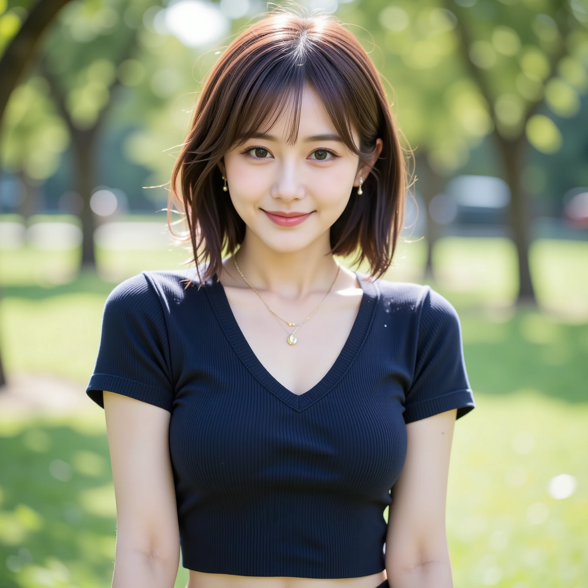 NSFW, (Uncensored), (Highest Quality), (Ultra-Precise CG 16K Wallpaper), (Realistic), (High Saturation), (Sharp), (Triangular Composition), Beautiful Detailed Shading, Beautiful Natural Lighting, Beautiful Detail Glow, Natural Light, Depth of Field, Zoom-in, (Mature 24-year-old Woman, One Person), (Beautiful Japanese Face), (Straight Short Bob Hairstyle with Bangs Down), (Shiny Brown Hair), (Sparkling Eyes), (C-Cup Size Breasts), (Cleavage), (Beautiful Breasts), (Beautiful Legs), (Beautiful Skin), Beautiful Proportion, (Afternoon Sunlight), (Woman Smiling with Mouth Open: 1.2), (The Woman is Looking at Me), (Woman Wearing a Navy Blue Short-Sleeved V-Neck Ribbed Knit Crop Shirt and Navy Blue Low-Rise Ribbed Knit Skinny Shorts), (Wearing a Gold Chain Necklace), (Arms Crossed Pose), (Park), (Woman's Bust Shot), (Image of a Woman Viewed from Three-Angle Front), (Woman Standing in a Park),