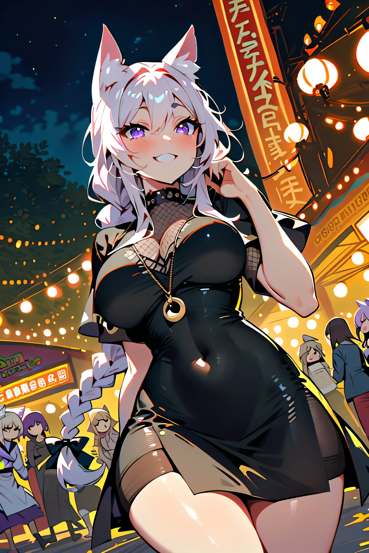 score_9_up,score_8_up,score_7_up,score_6_up,score_5_up,score_4_up,(((multiple girl))),(((nekomata))),cat girl, cat ears, animal ears, animal ear fluff,(pekomama),(((milf))), thick eyebrows, droopy eyes, long hair,braided ponytail ,big smile,(((festival ))),outdoor , at night,character focus,