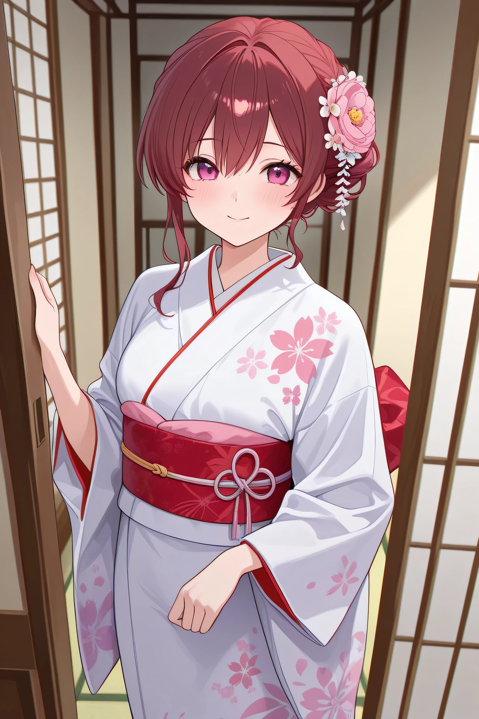 An anime girl wearing a traditional kimono , 8K quality , in a room, detailed background