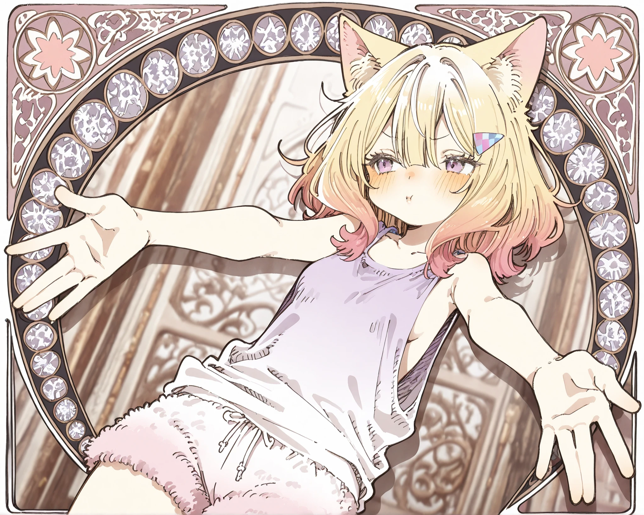 ((Abara Heiki Style)), ((Masterpiece)), ((best quality, amazing quality)), ((very aesthetic, absurdres, newest)), ((detailed background, negative space, blurry background, Art Nouveau background)), (dynamic angle), ((1girl)), Cute young Girl, (Healthy Gaunt body, Textured skin, small , tilt head), (pale purple eyes, gradient eyes, averting eyes, looking at side), (fidgeting, pout, puckered lips, very blush), Beautiful collarbone, (put on cat ears), (Asymmetrical long bangs), unruly hair, medium hair, ((beautiful blond hair, gradient hair, pink color Hair Tip)), (cute cheeks), glossy lips, pouty lips, (lower eyelashes), BREAK, (fancy tanktop, sheer tanktop, low-cut armhole, slightly exposed sideboob),  arms, (fur shorts, fuzzy shorts, foamy shorts), leaning back, (incoming hug, outstretched arms), (loose standing against the geometrical patterned wall, gradient painting, indoor), aged wall, velvet satin damask, drop shadow, 