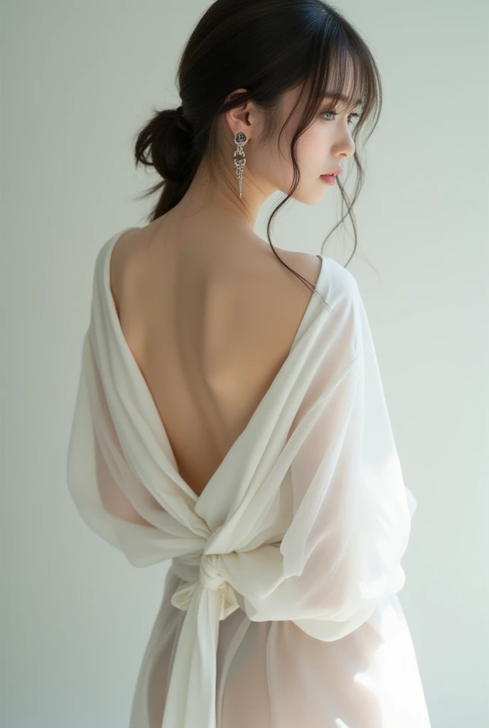 (((best quality))),(((ultra detailed))),(((masterpiece))),illustration,1girl, young,solo, slim,thin,short ponytail,((bare back,towering hips,butt crack)),white collared shirt,shorts,standing,rainy night, heavy rain, drenched clothes, melancholy expression, solitude, tear rolling down cheek, wet hair, empty streets, dimly lit, deserted environment, sound of rain, footsteps, symbol of hope, abandoned, resilience, determination, walking in rain, heartbreak, loss, love fading, loneliness, body language, facial expression, dreary atmosphere, rain-soaked streets, somber mood, viewer engagement,((upper body,from back))