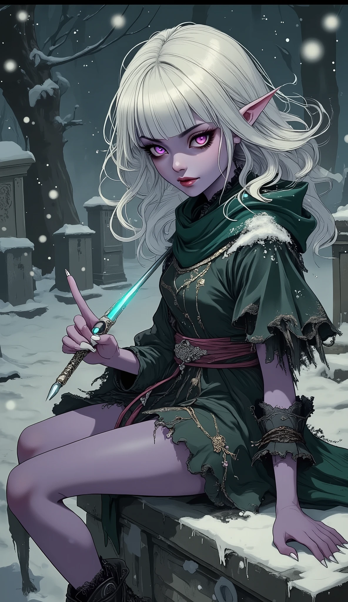 (A fusion of Ukiyo-e and dark fantasy. Aesthetic and gothic digital art. Draw a detailed face. Look away.) BREAK
(Transparent white hair. Blunt bangs. White eyebrows. Long white eyelashes. Almond-shaped eyes. Lavender-colored eyes. Thick, dark eyeliner. Small pink lips. Slightly pointed ears. Dark purple skin. Thin limbs. Thin fingers. White nails. Draw one thumb and four fingers accurately.) BREAK
(It is a very cold winter night, and snow is falling in the cemetery. A female vampire hunter named Dampyr is sitting with her back turned on a gravestone in a medieval Romanian cemetery, smiling defiantly, with one hand raised to catch the snow and the other holding a glowing blue dagger. She wears a dark-toned dress in the style of a 15th-century Romanian court, paired with short boots, and drapes a green cloak over her shoulders.)