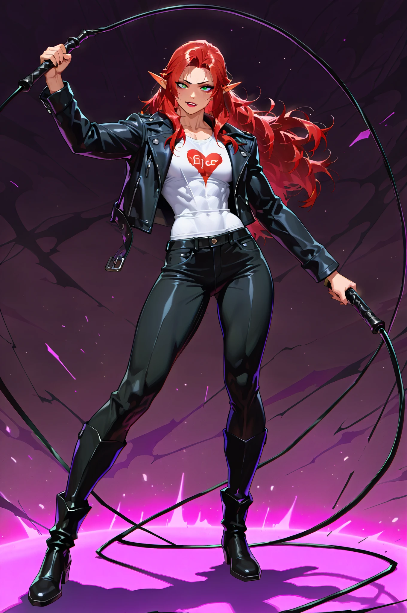 masterpiece, best quality, amazing quality, very aesthetic, high resolution, newest, hyper-detailed,solo, female character, mature woman , MILF, athletic figure, ((elf)), muscular female figure, small breasts, pointed ears, long hair,red hair , fierce expression, dominatrix theme, black leather jacket, white t-shirt with a heart logo, black pants, boots, bearer a whip, full body, fan art, strip club on the background
