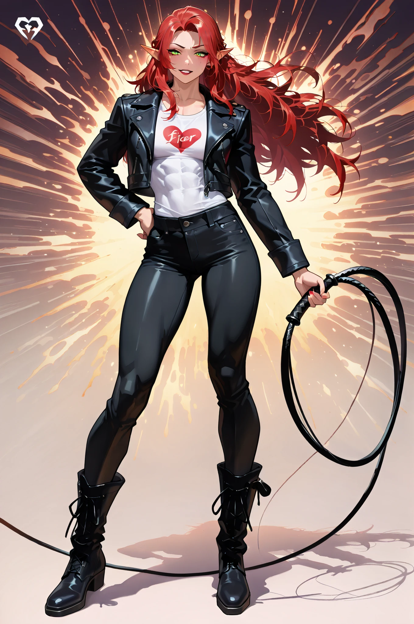 masterpiece, best quality, amazing quality, very aesthetic, high resolution, newest, hyper-detailed,solo, female character, mature woman , MILF, athletic figure, ((elf)), muscular female figure, small breasts, pointed ears, long hair,red hair , fierce expression, dominatrix theme, black leather jacket, white t-shirt with a heart logo, black pants, boots, bearer a whip, full body, fan art, strip club on the background