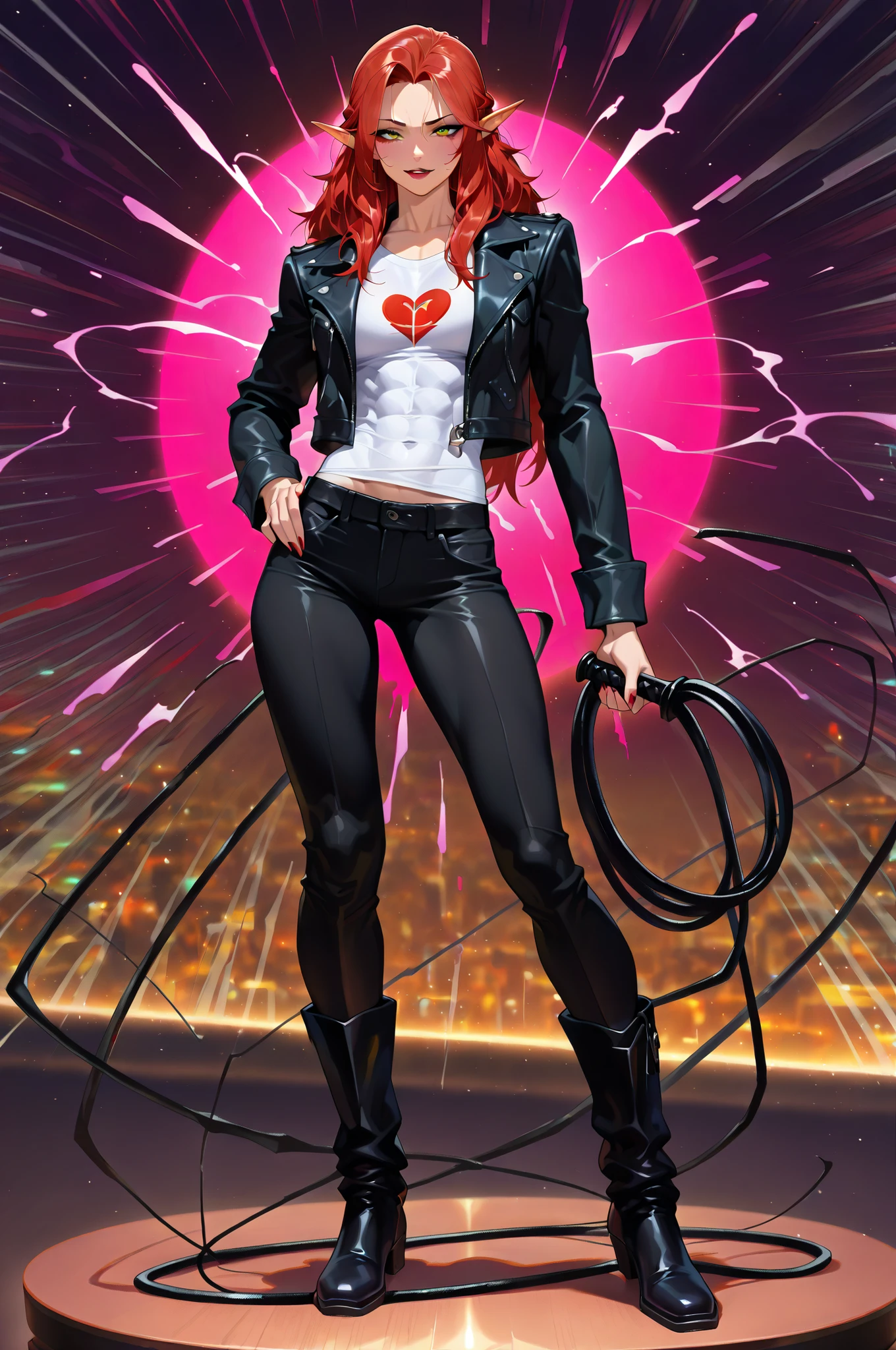 masterpiece, best quality, amazing quality, very aesthetic, high resolution, newest, hyper-detailed,solo, female character, mature woman , MILF, athletic figure, ((elf)), muscular female figure, small breasts, pointed ears, long hair,red hair , fierce expression, dominatrix theme, black leather jacket, white t-shirt with a heart logo, black pants, boots, bearer a whip, full body, fan art, strip club on the background