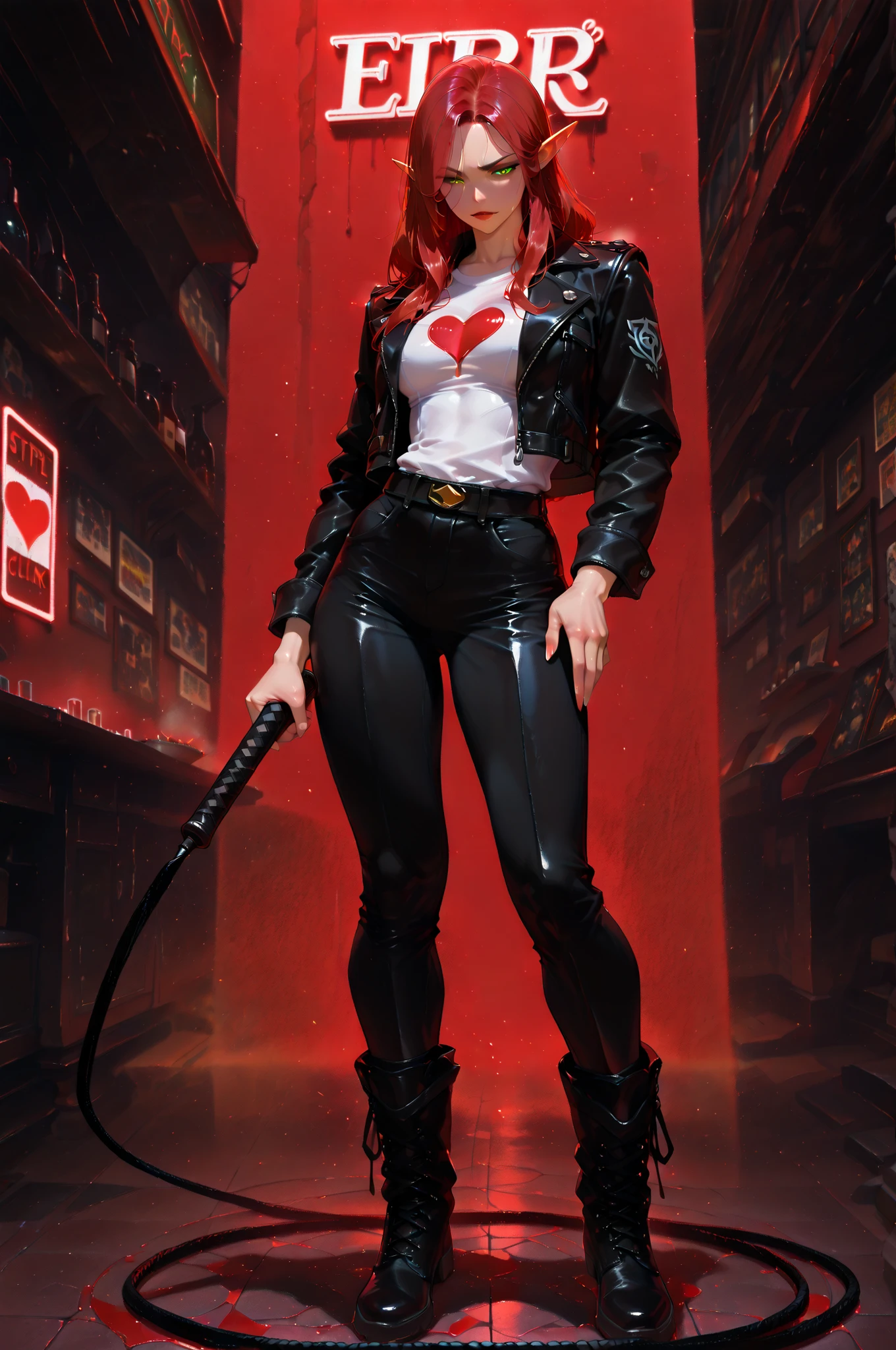 masterpiece, best quality, amazing quality, very aesthetic, high resolution, newest, hyper-detailed,solo, female character, mature woman , MILF, athletic figure, ((elf)), muscular female figure, small breasts, pointed ears, long hair,red hair , fierce expression, dominatrix theme, black leather jacket, white t-shirt with a heart logo, black pants, boots, bearer a whip, full body, fan art, strip club on the background