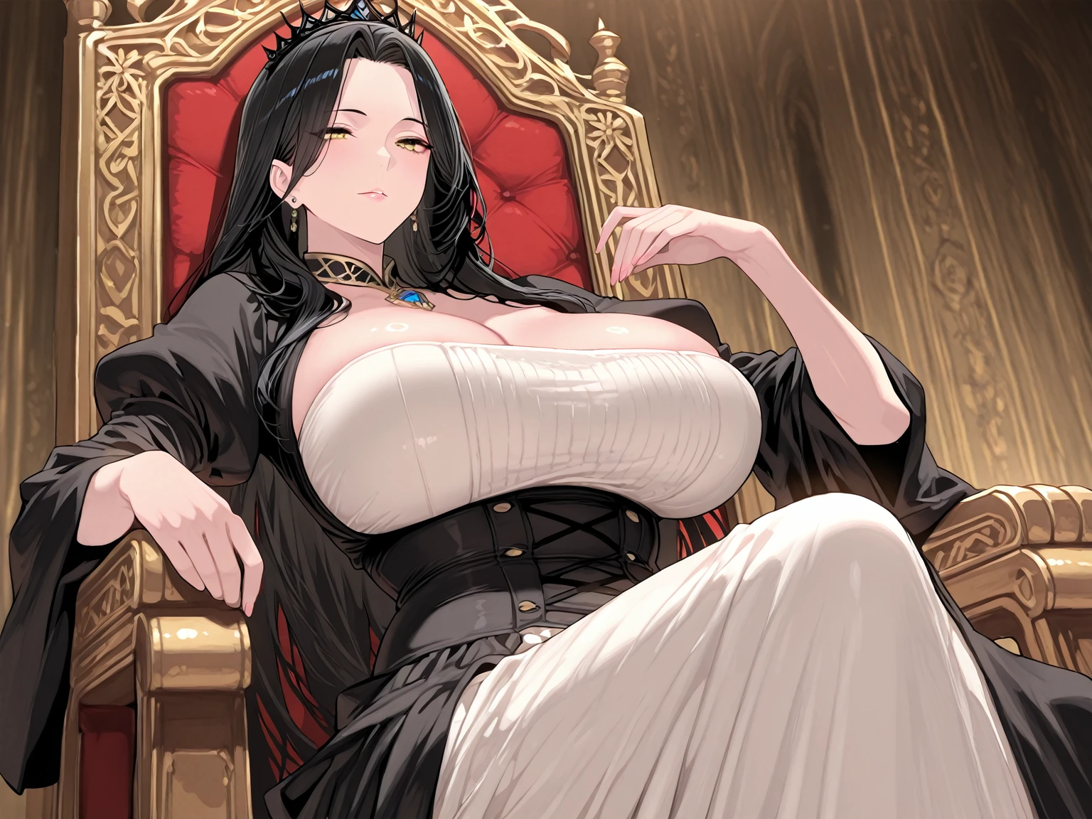 A woman with big ，Gorgeous queen，victorian style，clavicle，Prominent and smooth underboob，royal house，Intricate details，flower，pubic，heart in eye, heart-shaped pupil