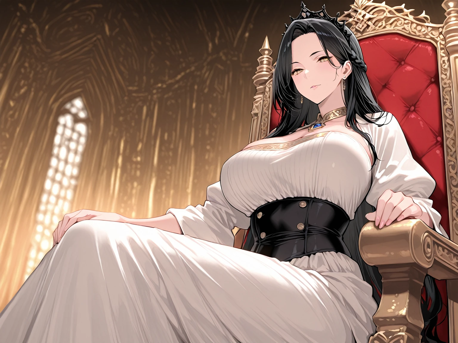 (anime moe style)),((game CG)),(masterpiece),(highest quality), (Super detailed),shape,((very delicate and beautiful)), , very shy look,looking at the viewer,(((18 years old female)),((whole body)),detailed face and eyes,eyes like jewels,(loosely braided long hair),,,(super huge breasts,long and slightly saggy breasts,very big nipples) Overall image Black hair and dark eyes plump body Durable slave collar Glasses Cow print dress Inside the cowshed Throne Tiara