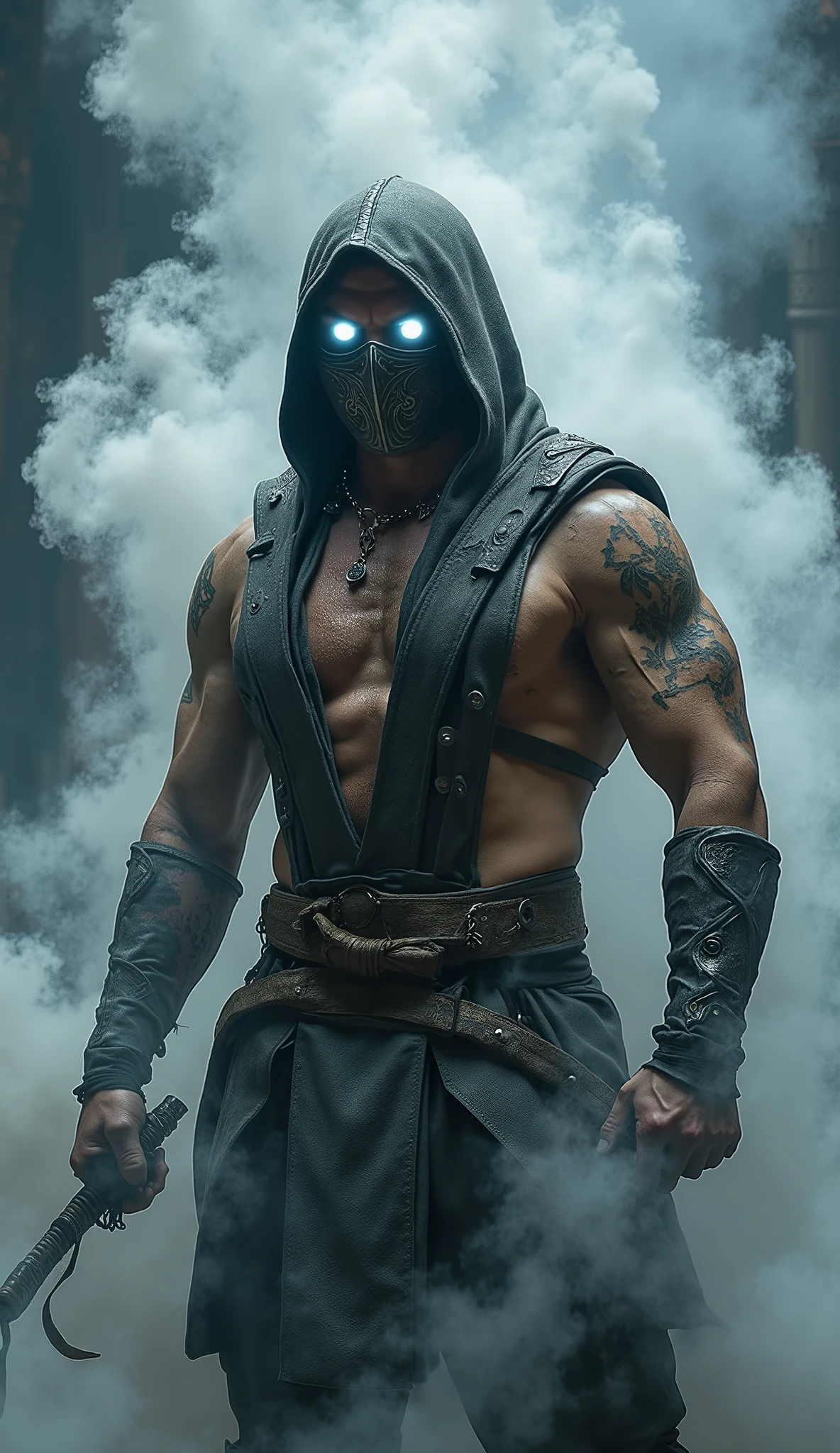 Tom Hardy Ultra realistic 20K, hyper-detailed cinematic portrait of Smoke from Mortal Kombat, waist-up, ninja warrior surrounded by swirling gray smoke particles, wearing detailed silver-gray ninja armor with fabric textures and metallic accents, glowing white eyes radiating mystic energy, mask ultra-detailed with scratches and metallic finish, smoke aura wrapping around his arms and torso, background of ruined temple engulfed in fog, cinematic moody lighting with rays piercing through smoke, photorealistic skin and fabric textures, extremely sharp focus, IMAX film still
