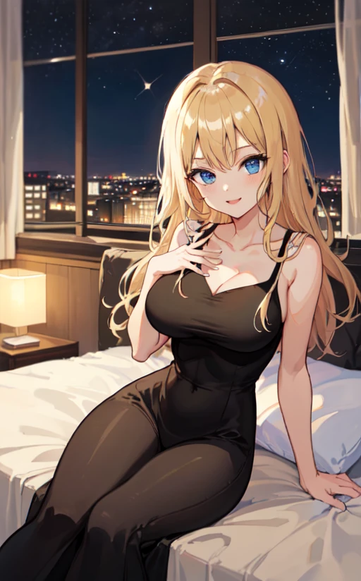 a hot 18 year old girl sitting in bed (she is naked) (long blonde hair) there an window behind the bed the view of the city