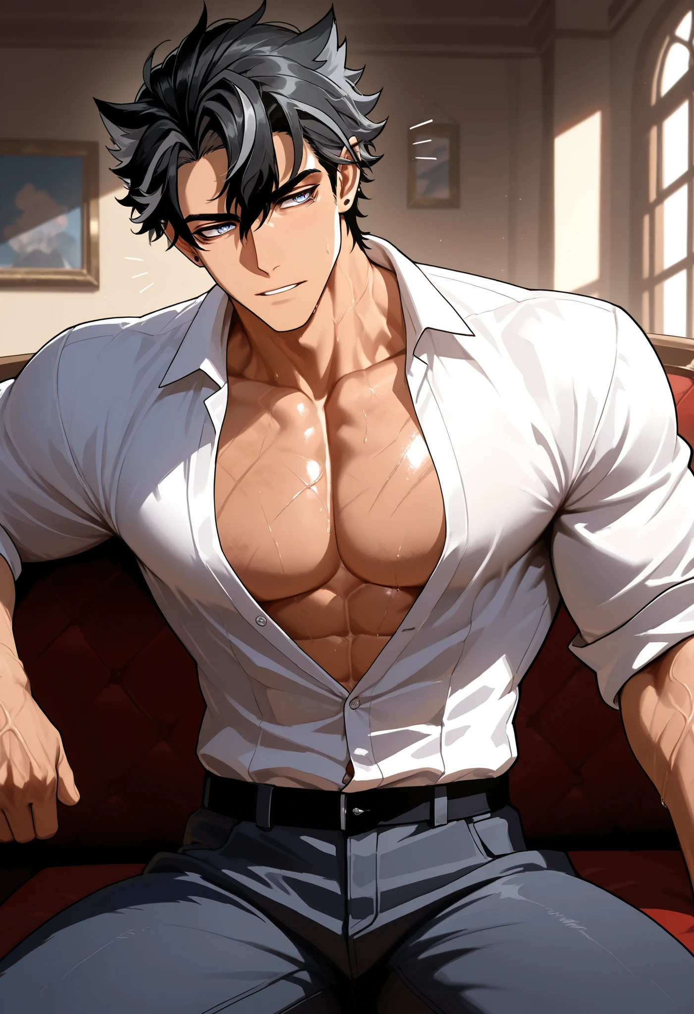 (human) 2 mens Wriothesley and Neuvillette , sitting on the sofa    , with unbuttoned jeans  , European style room  , buttoned dress shirt  , visible muscles veins,   , showing all body, solo,  light from the windows hitting your body , short haircut, black hair, blue Eyes, Light skin with. Tanned, trending on bbwchan, up close wriothesley, inspired by Abdullah Gërguri, perfect muscle structure, muscular men, very attractive men, alone, muscular musculature, , beautiful musculature, aesthetic stretch marks, inspiring physique, lean musculature, square pecs, beautiful v-shape, great abs and torso, (male face) chiseled abs, chiseled pecs, with his black military haircut and voluminous neck, narrow waist, human, attractive face, masculine face.  a men who presence inspires confidence and respect. 