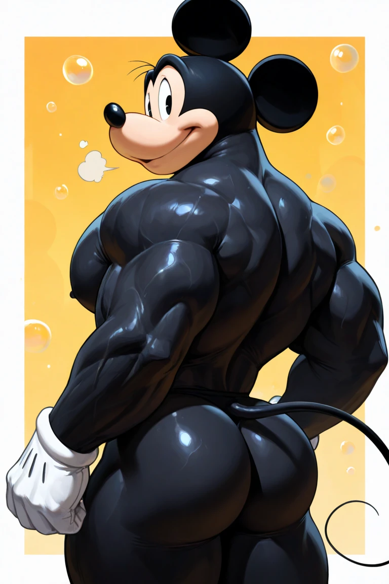 Mickey Mouse plays a mechanic who repairs cars, Perfect body, Perfect Head,  hard disk, Anthropomorphic, Black fur body, Toned body, Firm Abdomen, mouse tail, ,  all over the body