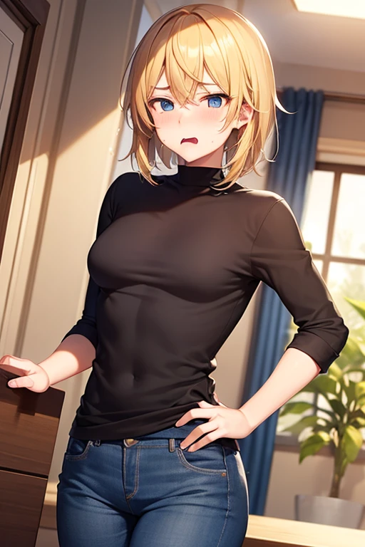 A girl with big tits, yellow hair, tight white leggings, and a black shirt