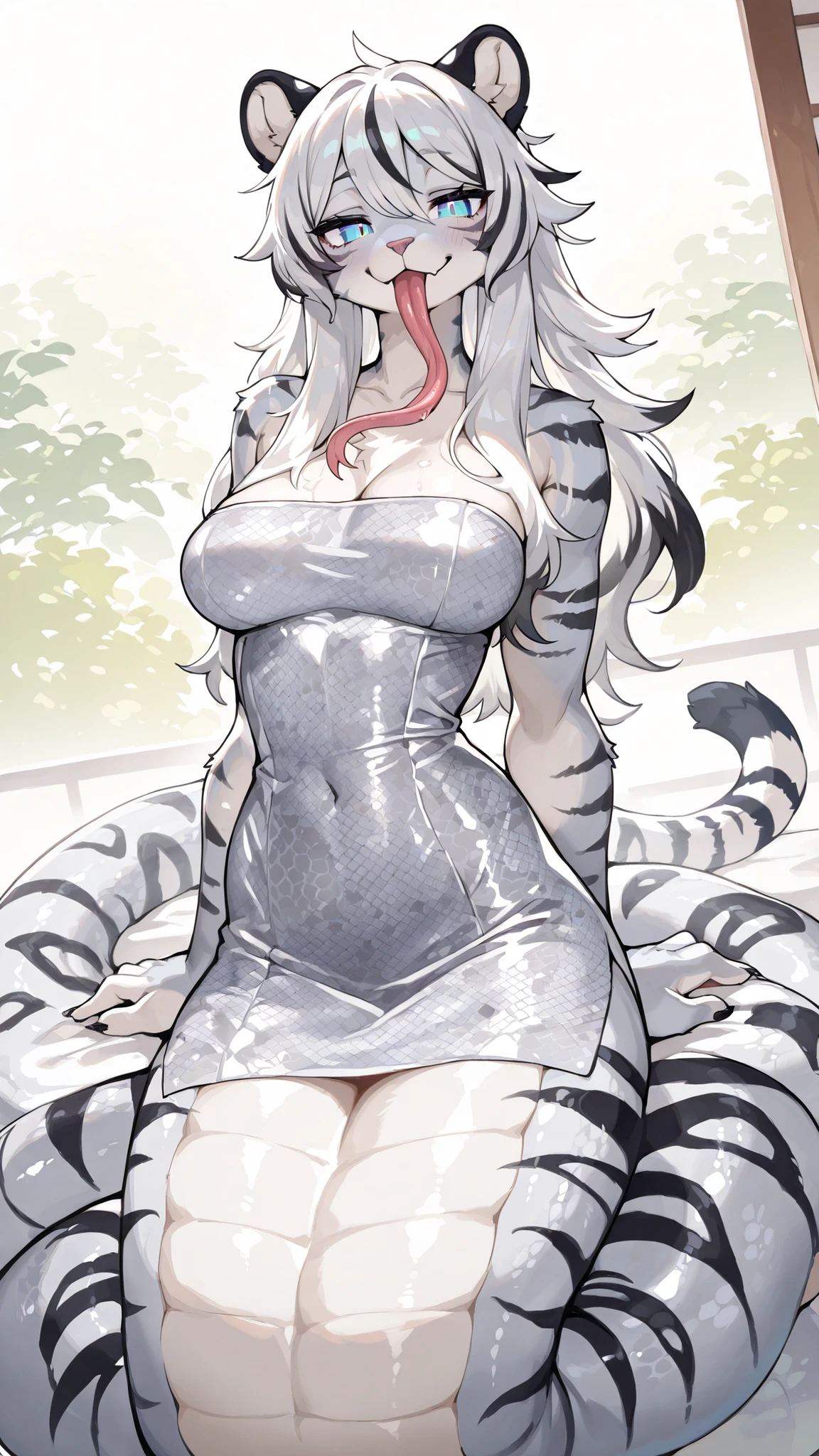 (Dutch Angle) (((solo:1.5, solo character:1.5))) (adult:1.3, wide shoulders, mature, female, girl, hot, big eyes:1.2, round face:1.2, blue eyes, cute), ((white hair with black ends, black tipped hair)), (long hair, hair over whole head, body fur, furry, white tiger, white fur, white fur on body, medium breasts), nude, yellow fowers on hair:1.5, soft smirk, deceptive, snake pupils, snake patterns on dress, looking at viewer, (masterpiece, best quality)lamia, snake scales, lamia , full body, thick lower body, long tongue, snake-tongue