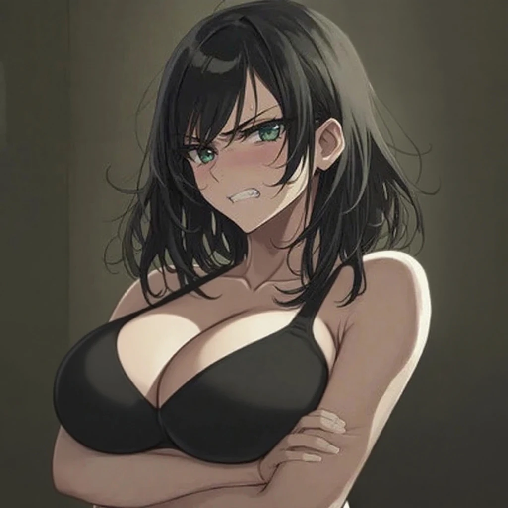 thick thick thick breasts breasts breasts muscular girl black hair yellow eyes pale skin lace bra seductive expression flustered