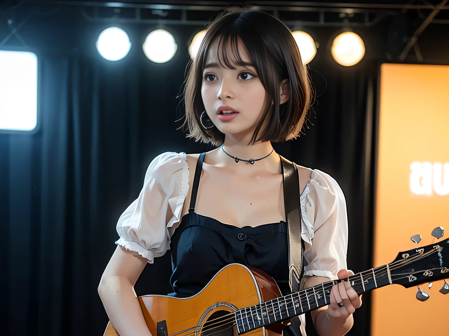 ((best quality)), photorealistic, photorealism, Photorealistic, high resolution, ((Wearing Pink Strapless night gown, Headband))、smile、A superb beauty、Super cute、ennui、Rare beauty、Very Short hair、Black Dark Eyeshadow、Sad、white skin、pale skin, Very short hair layered、Dark Gothic Makeup、Cute Smile、Fragrant beauty、Stained glass background、Mastepiece、Best Quality、Refers to 5 books、Sweat glistening on my chest、Sweat glistening on my face、Medium breasts、Blue hair、Age 20 years old、Mysterious look、A sad expression、Blue Hair、Glamorous concert stage、enchanting castle、Sweating profusely all over the body、A lot of sweat and light on the thighs、Shiny thighs、Plenty of sweat glistening on the thighs、A large amount of sweat glistens on my thighs、Sweating profusely、Gal、Medium breasts、Beautiful face、Alluring expression、Sitting、Sitting playing guitar、Thick thighs、Playing guitar、I have a guitar、Sing a song enthusiastically、Playing guitar in a band、Rock band、Playing guitar chords、Live House Background、Sing a song、Open your mouth、Live house scenery、Mic stand、Glamorous live stage、Dynamic Angle、Cinematic lighting