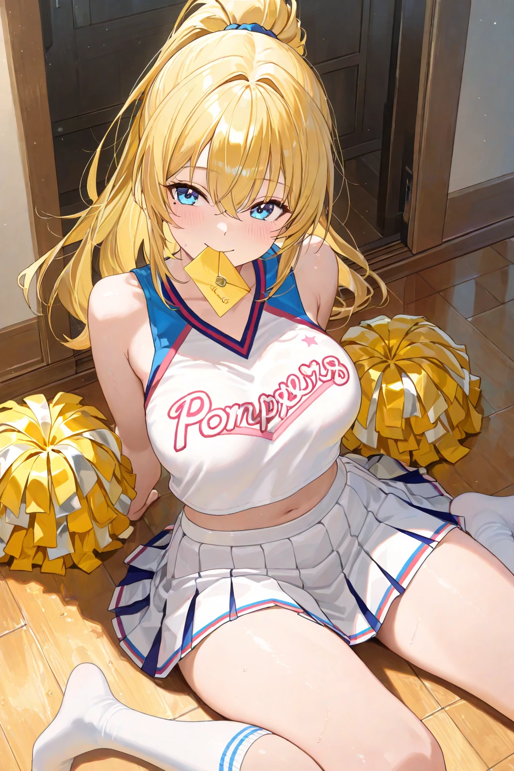 score_9, score_8_up, score_7_up, source_anime, BREAK, (((yew))), , 1girl, solo, chubby, cheerleader, cheerleading uniform, large breasts, thicc, blonde hair, blue eyes, from behind, large ass, white panties from behind