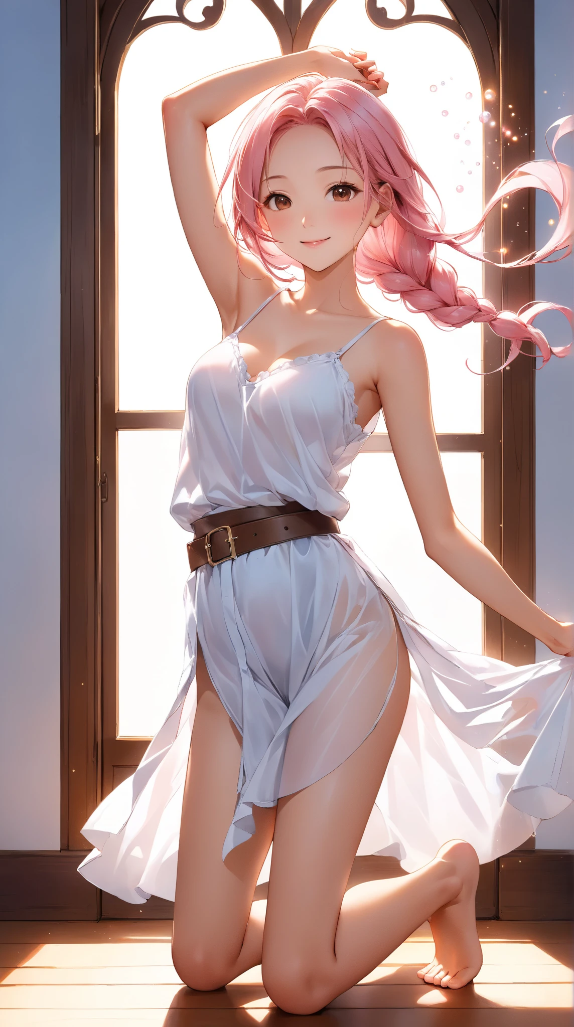 (quality)), ((masterpiece)), Recommended results、Puffy nipples、(see through:1.5)、straighten your back、huge bust、angle to floor:1.2、low camera angle、There is fluid in the crotch、light pink latex,Smile,Angel in White,Fat girl