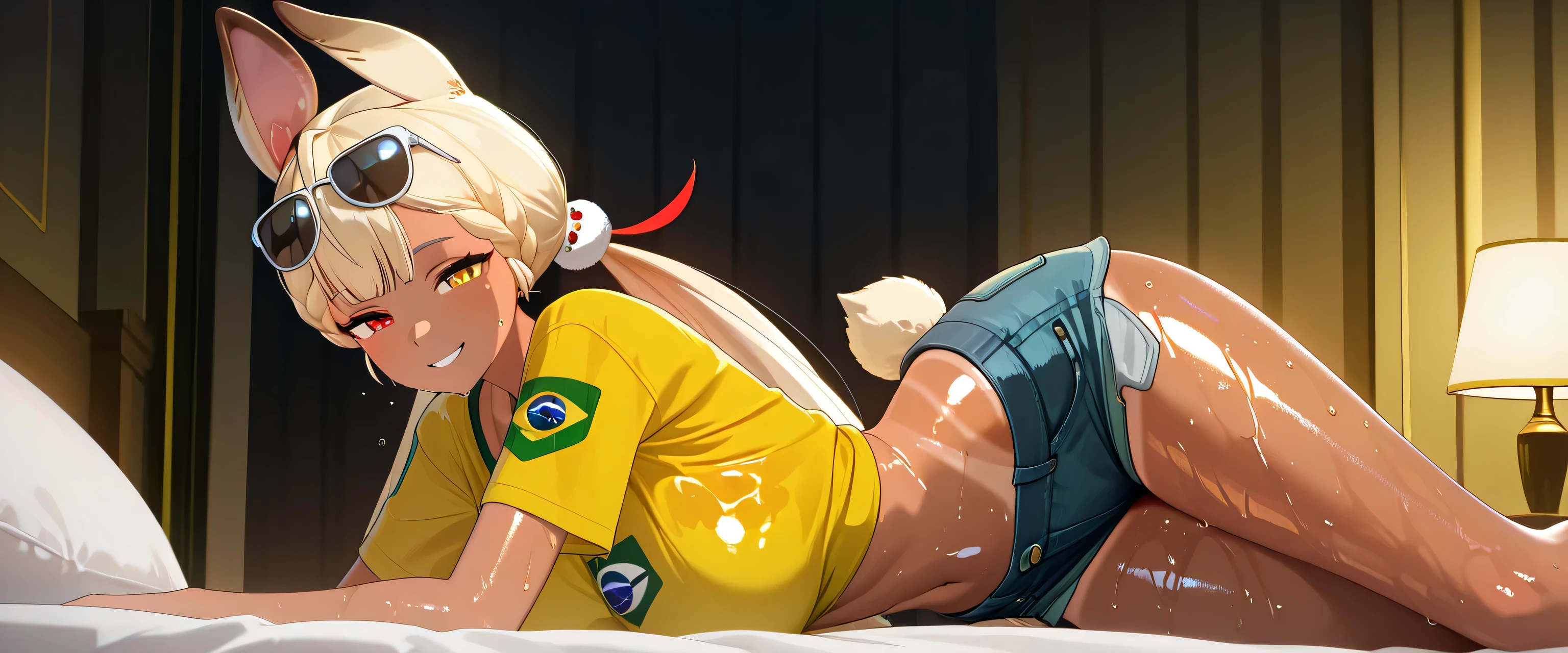 score_9 , score_8_up , score_7_source_anime detailed eyes,anime eyes,high detail eyes,multicolored iris,detailed iris,anime style, 4k masterpiece, best quality, girl, beautiful face, clean skin, shiny hair, shiny skin, beautiful face, perfect eyes, 4k high quality eyes, high quality brightness, best quality, 4k very aesthetic, absurd, perfect body quality, beautiful curves, perfect, perfect genitals, beautiful ambient light, beautiful aesthetics, very realistic scenery, 4k high quality, masterpiece, best quality, absurd, latest, high resolution, official art, best quality, absurd, latest, high resolution, official art, screenshot, anime screenshot, anime coloring, amazing quality 4k, 1girl, 3d alice thymefield, animal ears, blonde hair, heterochromia, hair ornament, long hair, low twintails, rabbit ears, rabbit girl, sphere hair ornament, twintails, very long hair, red eyes, yellow eyes, mature female, rabbit tail large breasts, 3d, shiny skin, wet body, wet clothes, shiny oiled skin, sweat,shiny hair, 3d, sunglasses on head, flower in hair, yellow shirt, brazil flag on shirt, denim shorts, booty shorts, tanned, in a luxury hotel lying on the bed smiling and looking naughty