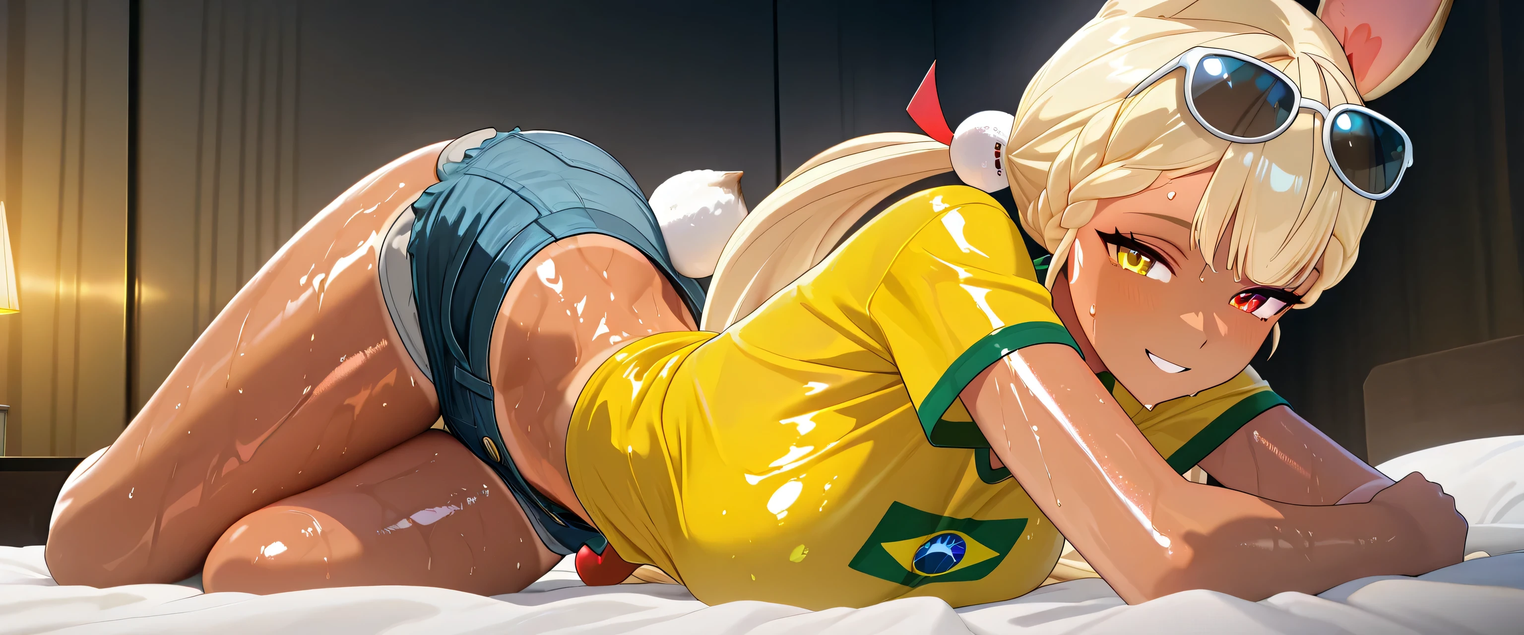 score_9 , score_8_up , score_7_source_anime detailed eyes,anime eyes,high detail eyes,multicolored iris,detailed iris,anime style, 4k masterpiece, best quality, girl, beautiful face, clean skin, shiny hair, shiny skin, beautiful face, perfect eyes, 4k high quality eyes, high quality brightness, best quality, 4k very aesthetic, absurd, perfect body quality, beautiful curves, perfect, perfect genitals, beautiful ambient light, beautiful aesthetics, very realistic scenery, 4k high quality, masterpiece, best quality, absurd, latest, high resolution, official art, best quality, absurd, latest, high resolution, official art, screenshot, anime screenshot, anime coloring, amazing quality 4k, 1girl, 3d alice thymefield, animal ears, blonde hair, heterochromia, hair ornament, long hair, low twintails, rabbit ears, rabbit girl, sphere hair ornament, twintails, very long hair, red eyes, yellow eyes, mature female, rabbit tail large breasts, 3d, shiny skin, wet body, wet clothes, shiny oiled skin, sweat,shiny hair, 3d, sunglasses on head, flower in hair, yellow shirt, brazil flag on shirt, denim shorts, booty shorts, tanned, in a luxury hotel lying on the bed smiling and looking naughty