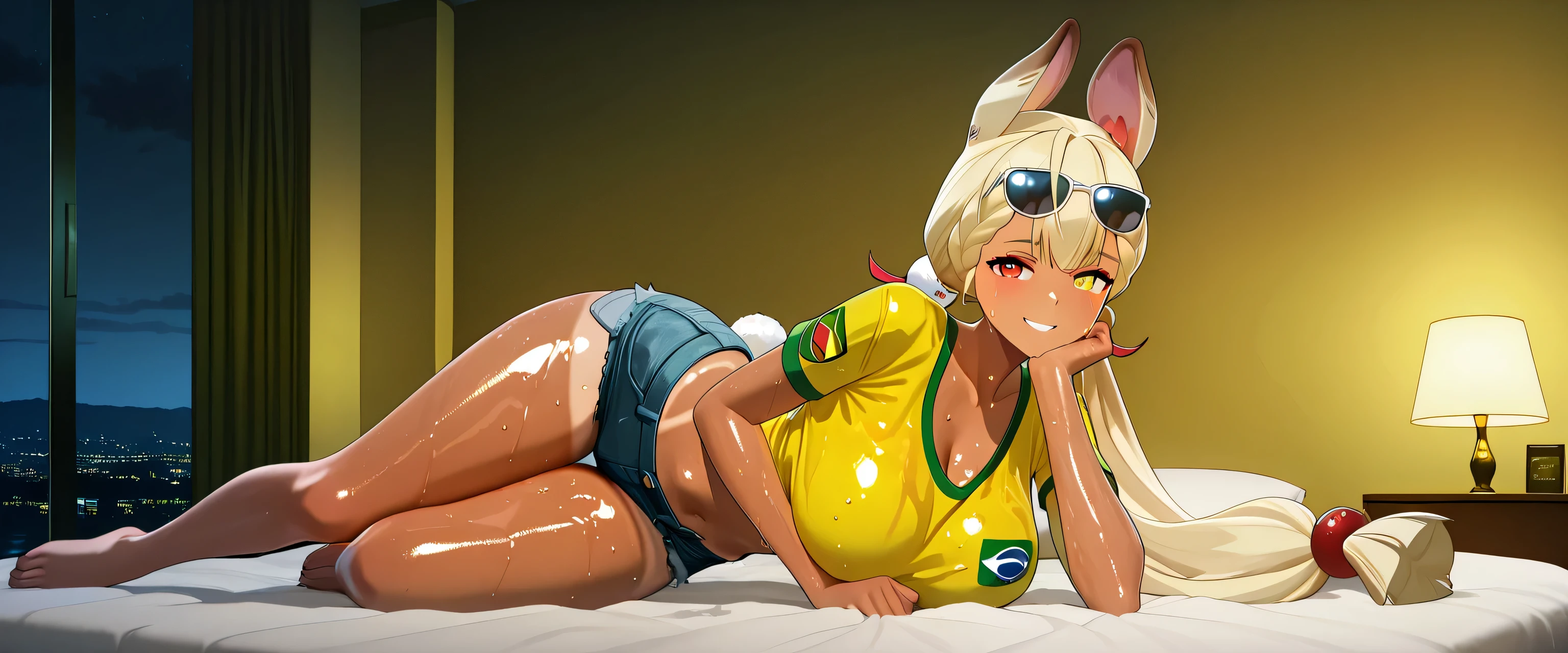 score_9 , score_8_up , score_7_source_anime detailed eyes,anime eyes,high detail eyes,multicolored iris,detailed iris,anime style, 4k masterpiece, best quality, girl, beautiful face, clean skin, shiny hair, shiny skin, beautiful face, perfect eyes, 4k high quality eyes, high quality brightness, best quality, 4k very aesthetic, absurd, perfect body quality, beautiful curves, perfect, perfect genitals, beautiful ambient light, beautiful aesthetics, very realistic scenery, 4k high quality, masterpiece, best quality, absurd, latest, high resolution, official art, best quality, absurd, latest, high resolution, official art, screenshot, anime screenshot, anime coloring, amazing quality 4k, 1girl, 3d alice thymefield, animal ears, blonde hair, heterochromia, hair ornament, long hair, low twintails, rabbit ears, rabbit girl, sphere hair ornament, twintails, very long hair, red eyes, yellow eyes, mature female, rabbit tail large breasts, 3d, shiny skin, wet body, wet clothes, shiny oiled skin, sweat,shiny hair, 3d, sunglasses on head, flower in hair, yellow shirt, brazil flag on shirt, denim shorts, booty shorts, tanned, in a luxury hotel lying on the bed smiling and looking naughty