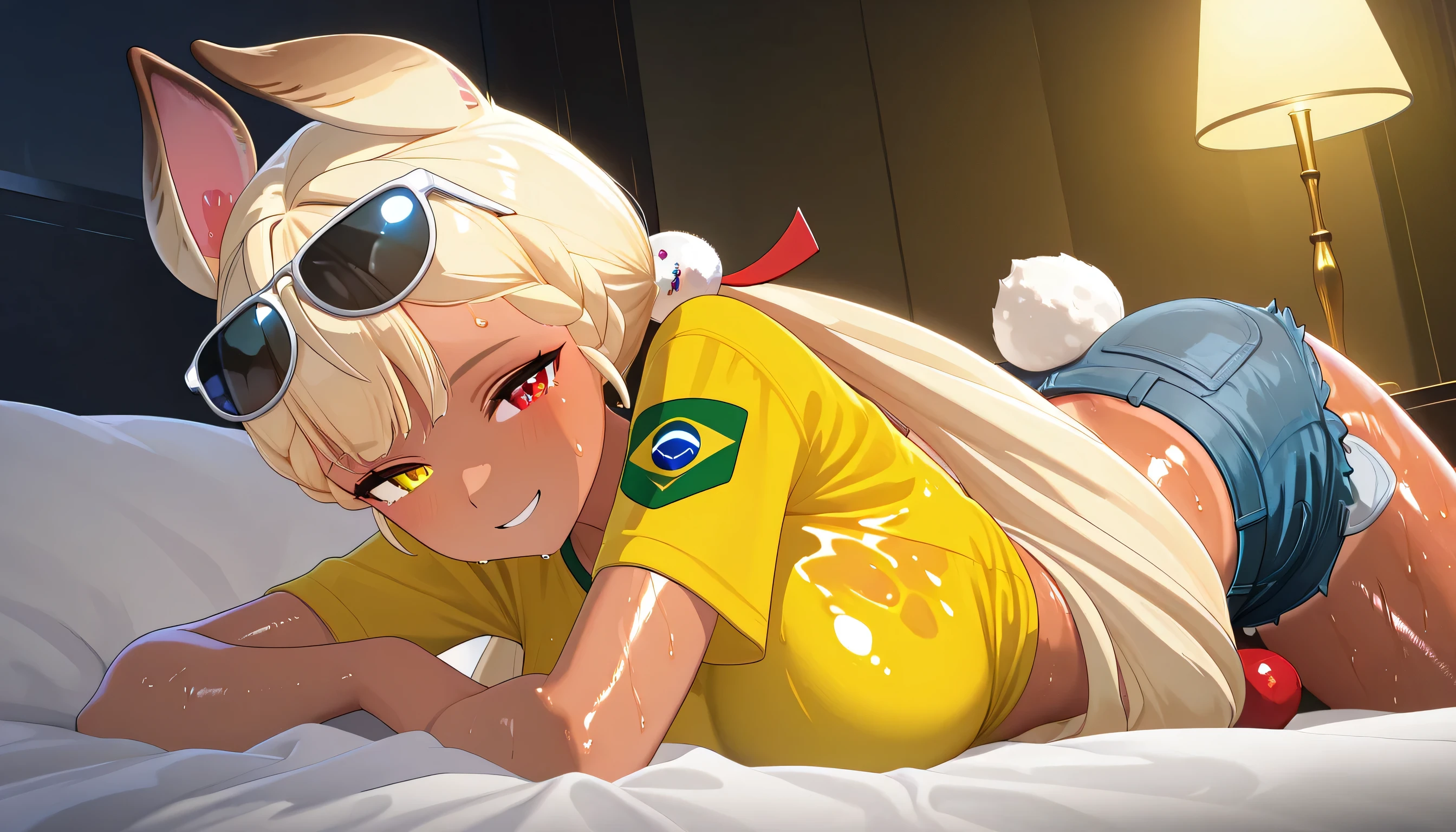 score_9 , score_8_up , score_7_source_anime detailed eyes,anime eyes,high detail eyes,multicolored iris,detailed iris,anime style, 4k masterpiece, best quality, girl, beautiful face, clean skin, shiny hair, shiny skin, beautiful face, perfect eyes, 4k high quality eyes, high quality brightness, best quality, 4k very aesthetic, absurd, perfect body quality, beautiful curves, perfect, perfect genitals, beautiful ambient light, beautiful aesthetics, very realistic scenery, 4k high quality, masterpiece, best quality, absurd, latest, high resolution, official art, best quality, absurd, latest, high resolution, official art, screenshot, anime screenshot, anime coloring, amazing quality 4k, 1girl, 3d alice thymefield, animal ears, blonde hair, heterochromia, hair ornament, long hair, low twintails, rabbit ears, rabbit girl, sphere hair ornament, twintails, very long hair, red eyes, yellow eyes, mature female, rabbit tail large breasts, 3d, shiny skin, wet body, wet clothes, shiny oiled skin, sweat,shiny hair, 3d, sunglasses on head, flower in hair, yellow shirt, brazil flag on shirt, denim shorts, booty shorts, tanned, in a luxury hotel lying on the bed smiling and looking naughty