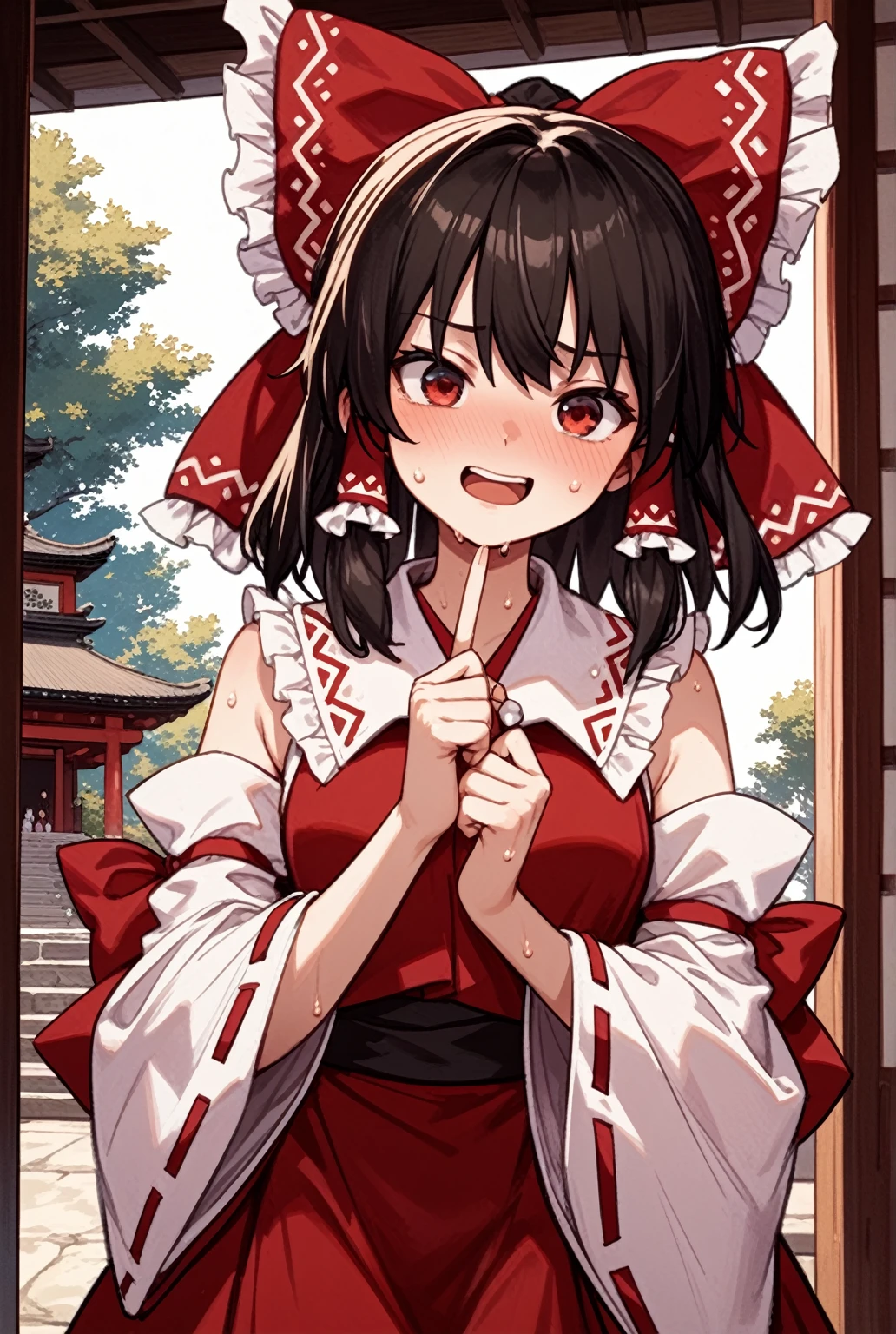 black hair, red eyes, human girl, wearing a shrine maiden clothes, happy, mouth open