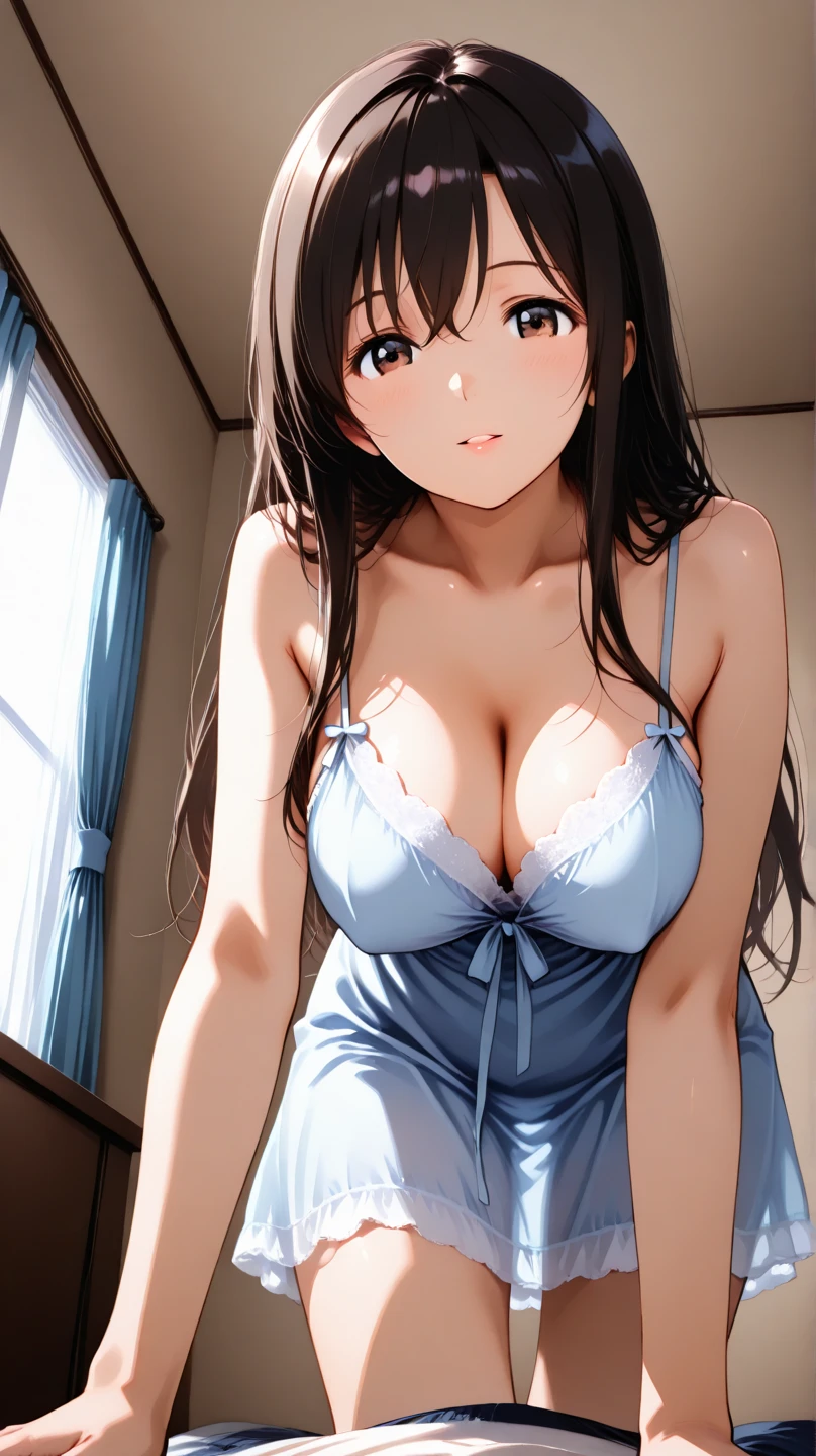Orange bra、白いTシャツに密着したOrange bra、Red jacket、White fluffy frilly flared skirt、barefoot、long strap shoulder bag、red nightwear lingerie