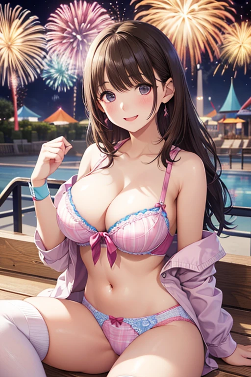 (((masterpiece, highest quality, High resolution, 超High resolution, Perfect Pixel, Depth of written boundary, 4K, RTTX 10.0))), Beautiful Anime Woman, Beautiful art style, Anime characters, ((Smooth texture, Realistic texture, Anime CG Style)), Exact finger count、Exact number of legs、(Exact number of arms:1.0, Exact number of hands:1.0), (Perfect hands, Perfect Anatomy), Cinematic, Realistic, Extremely detailed CG, Daytime lighting, Perfect lighting, Best Shadow, The best natural light, whole body, Perfect body, (Slender body:1.2), ((Long Hair, bangs, Dark brown hair, Stylish hairstyle, Bobcut)), ((1人のcute女性は飲み物を歩いて運んでいる:1.6)), ((Alone:1.0)), beauty, cute, ((Sailor collar:1.5), (セクシーでcute薄紫下着:1.3), (Stylish shiny light purple satin panties, Side-tie panties:1.3), (Thin panties:1.3), (Light purple micro lace satin bra, Thin bra:1.3):1.3), (Beautiful and big breasts:1.2), (Cleavage:1.4), (Beautiful and thin thighs:1.3), Feeling embarrassed, (blush:1.2), (Very embarrassed look:1.4), Troubled expression, (At an outdoor amusement park, Roller coaster and Ferris wheel behind, Happy people in the background々, Cafe:1.3), naked, In underwear, Waitress in underwear, Maid Headband, whole body, (Underwear waitress carrying drinks:1), Angle from the front