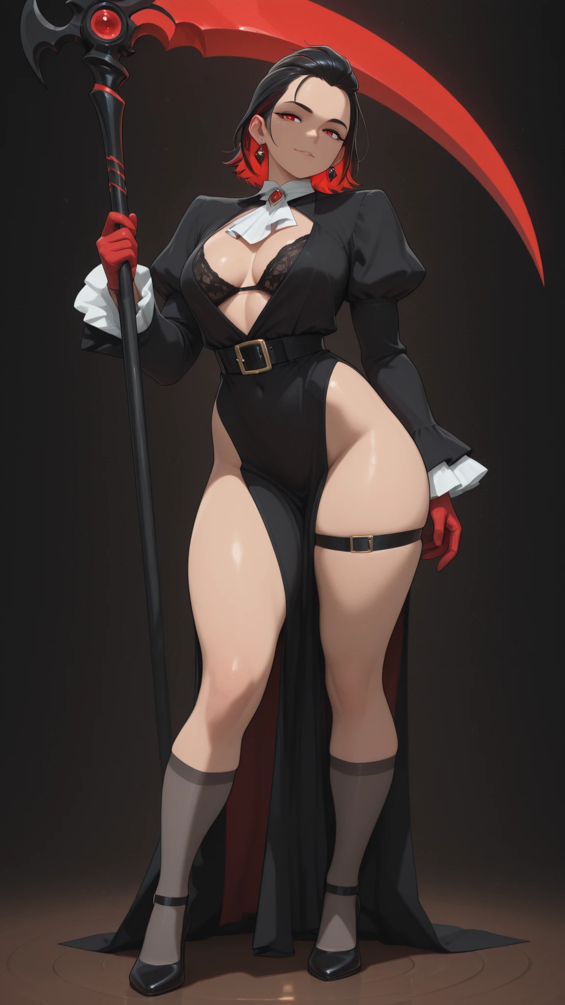 1girl, solo, long hair, breasts, looking at viewer, open mouth, large breasts, simple background, black hair, thighhighs, gloves, holding, animal ears, cleavage, full body, grey hair, red hair, multicolored hair, detached sleeves, black gloves, black thighhighs, wide sleeves, grey background, rabbit ears, high heels, two-tone hair, leotard, streaked hair, hand on hip, fake animal ears, playboy bunny, black leotard, highleg leotard, strapless leotard, smoking pipe, kiseru, holding smoking pipe