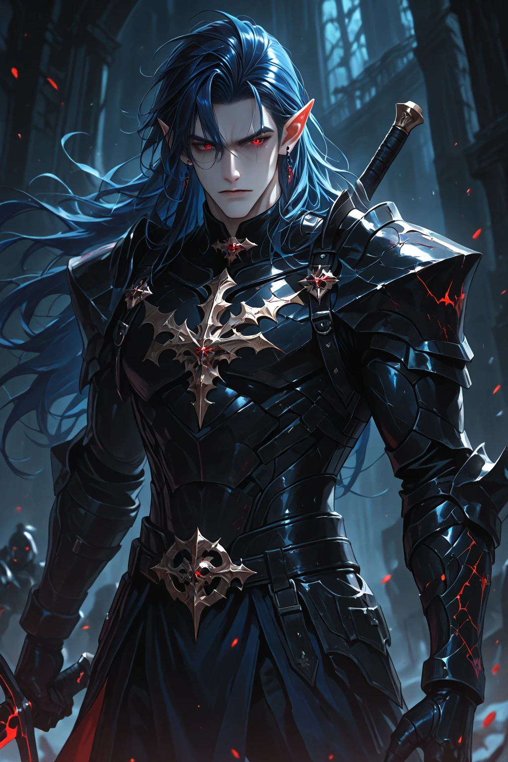 a handsome boy with striking white and red hair,wearing black fit armour,extremely detailed face,piercing eyes,sharp nose,sensual lips,chiseled jawline,muscular physique,son of sparda,photo-realistic portrait,dramatic lighting,cinematic composition,dark fantasy,moody atmosphere,rich color palette,masterpiece