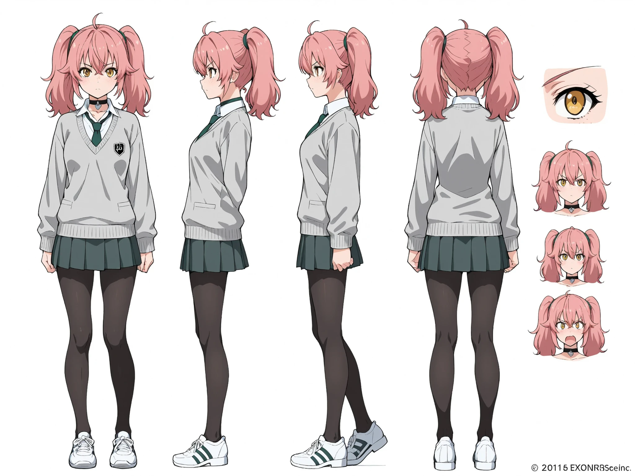 mj manga,absurdres, masterpiece, best quality, turnaround, character sheet, reference sheet, 1girl, yellow eyes, innovator eyes, expressive eyes, pink hair, long twin ponytails, freckles, black heart shaped collar neckband, dark green tie, white shirt, grey school sweater, dark green skirt, school uniform, black pantyhose, white running shoes. simple white background.