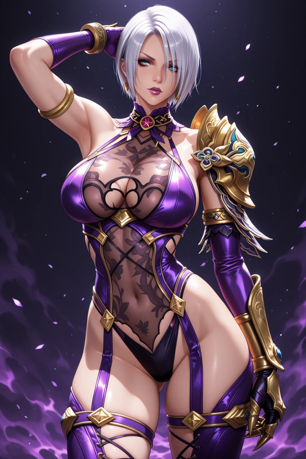 Extremely beautiful Girl, Purple Eyes, Brown skin, white hair, short hair, huge breasts, high details